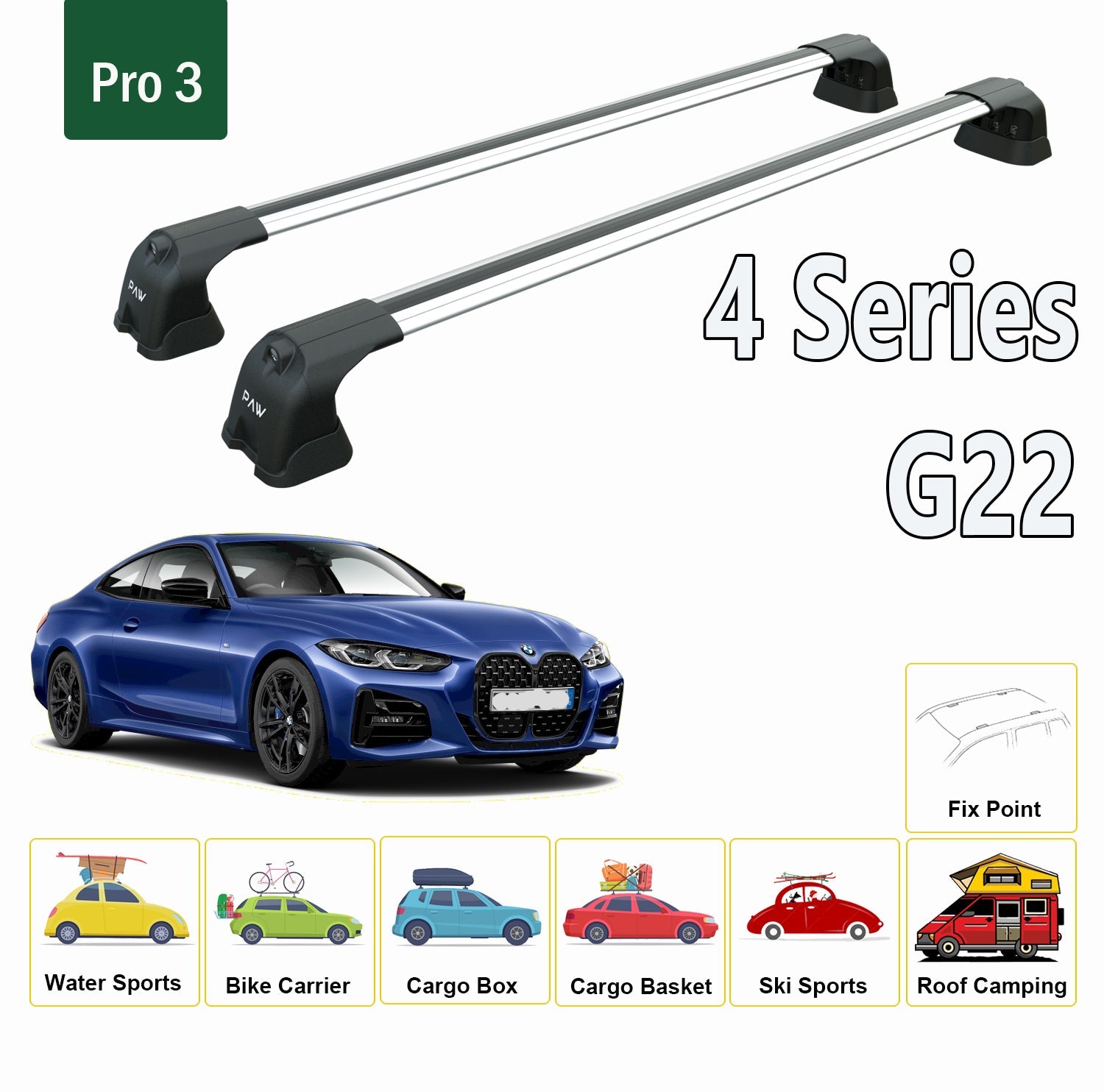 For BMW 4 Series G22 Coupe 2020-Up Roof Rack System, Aluminium Cross Bar, Metal Bracket, Fix Point, Silver