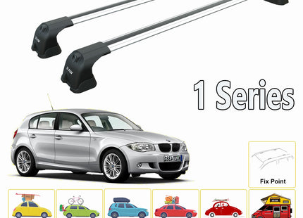 For BMW 1 Series E81/E87 2005-2011 Roof Rack System, Aluminium Cross Bar, Metal Bracket, Fix Point, Black
