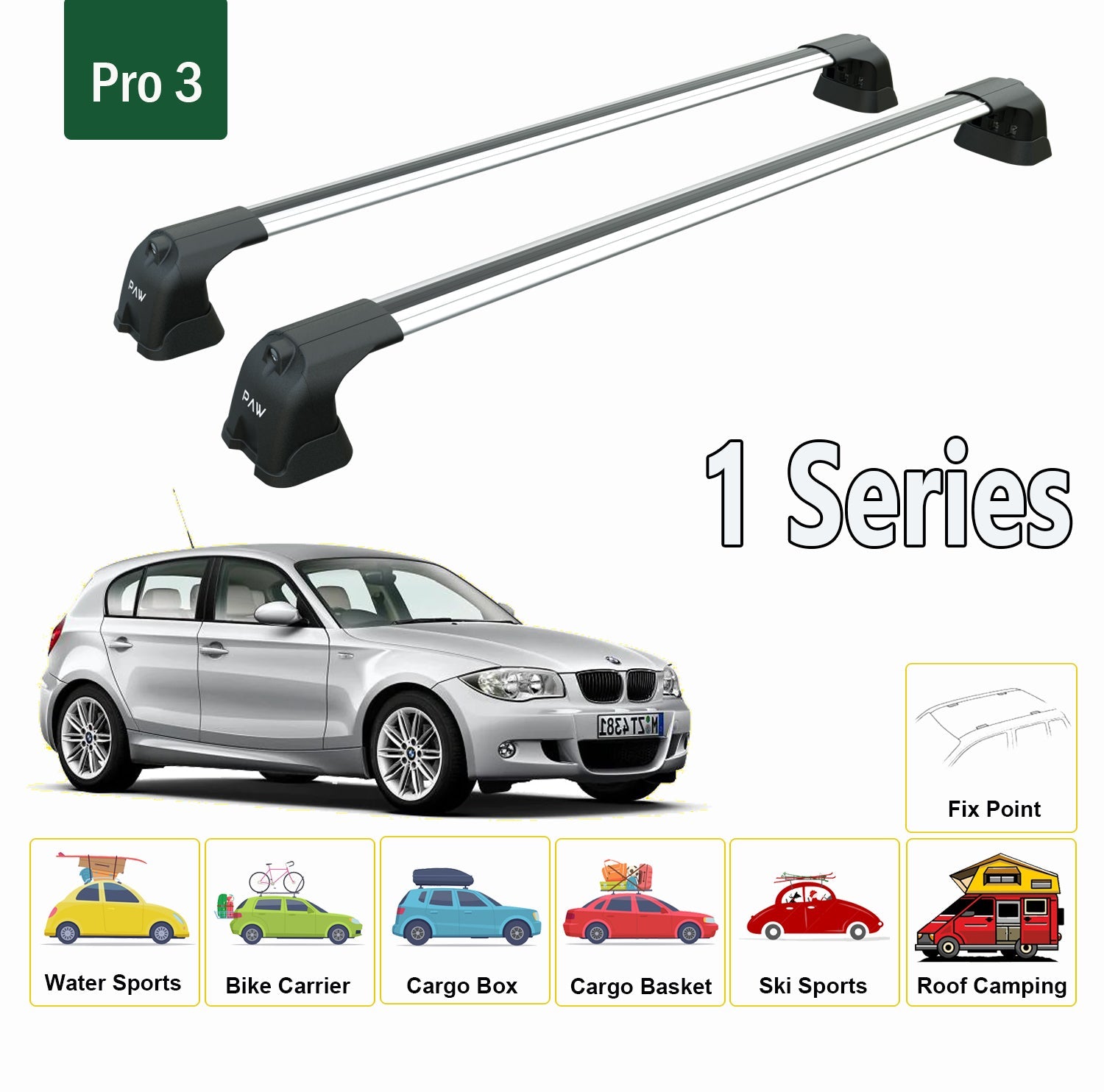 For BMW 1 Series E81/E87 2005-2011 Roof Rack System, Aluminium Cross Bar, Metal Bracket, Fix Point, Black