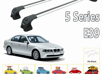 For BMW 5 Series E39 1996-2003 Roof Rack System, Aluminium Cross Bar, Metal Bracket, Fix Point, Black