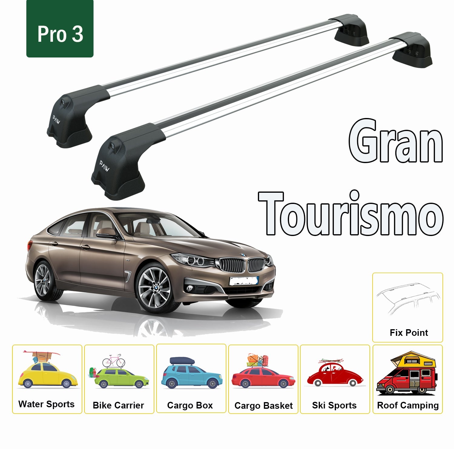 For BMW 3 Series Gran Tourismo 2013-2019 Roof Rack System, Aluminium Cross Bar, Metal Bracket, Fix Point, Silver