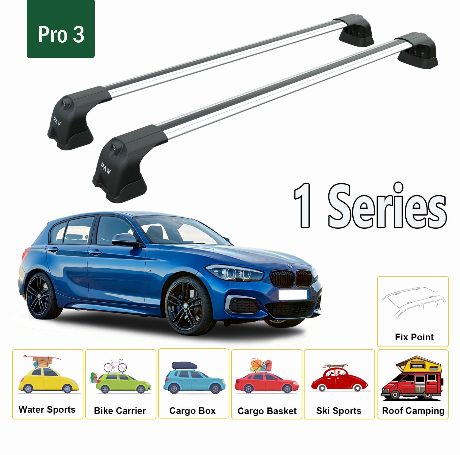 For BMW 1 Series F20/F21 2012-2019 Roof Rack System, Aluminium Cross Bar, Metal Bracket, Fix Point, Black