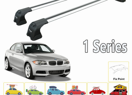 For BMW 1 Series 2004-2013 Roof Rack System, Aluminium Cross Bar, Metal Bracket, Fix Point, Silver