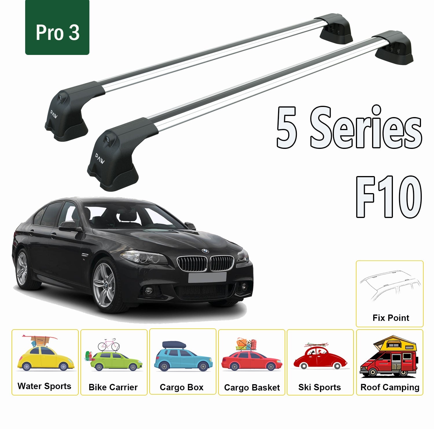 For BMW 5 Series F10 2007-2017 Roof Rack System, Aluminium Cross Bar Silver