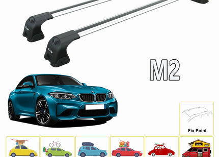 For BMW M2 2018-2021 Roof Rack System, Aluminium Cross Bar, Metal Bracket, Fix Point, Silver