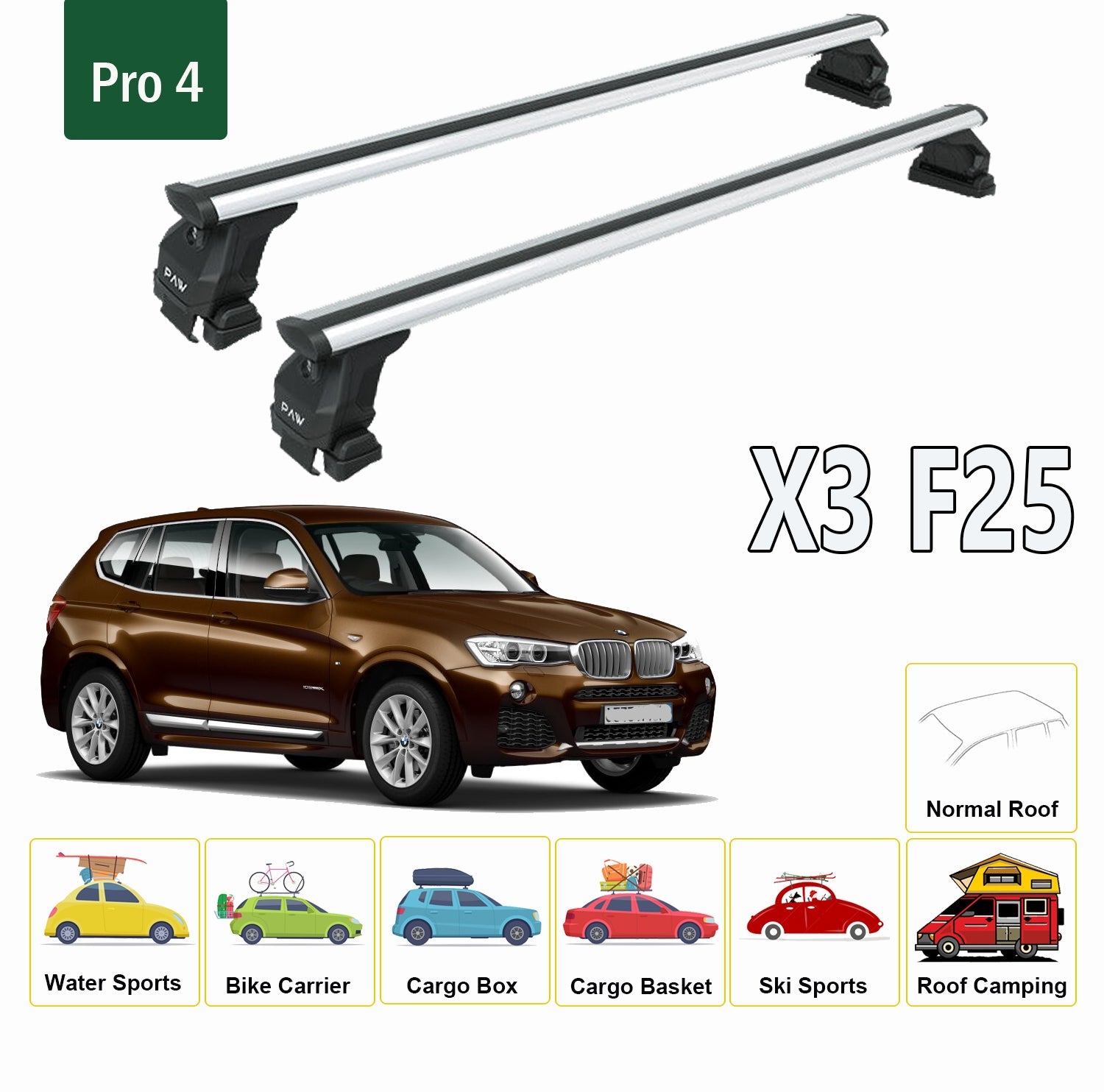 Compatible for Bmw X3 F25 2010-2018 Roof Rack System, Aluminium Cross Bar, Metal Bracket, Normal Roof, Silver