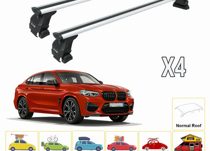 For BMW X4 2015-Up Roof Rack System, Aluminium Cross Bar, Metal Bracket, Normal Roof, Silver