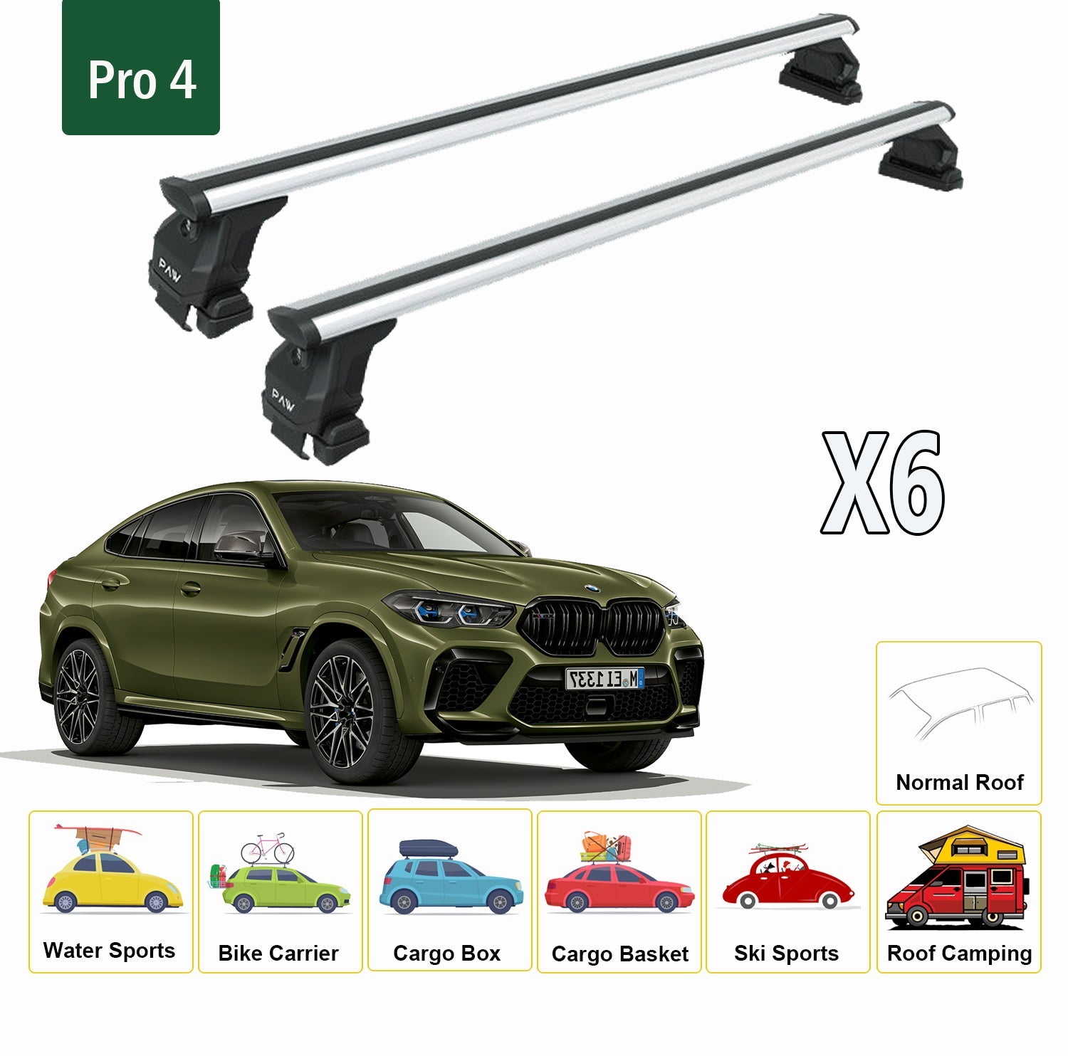 For BMW X6 2015-Up Roof Rack System, Aluminium Cross Bar, Metal Bracket, Normal Roof, Black