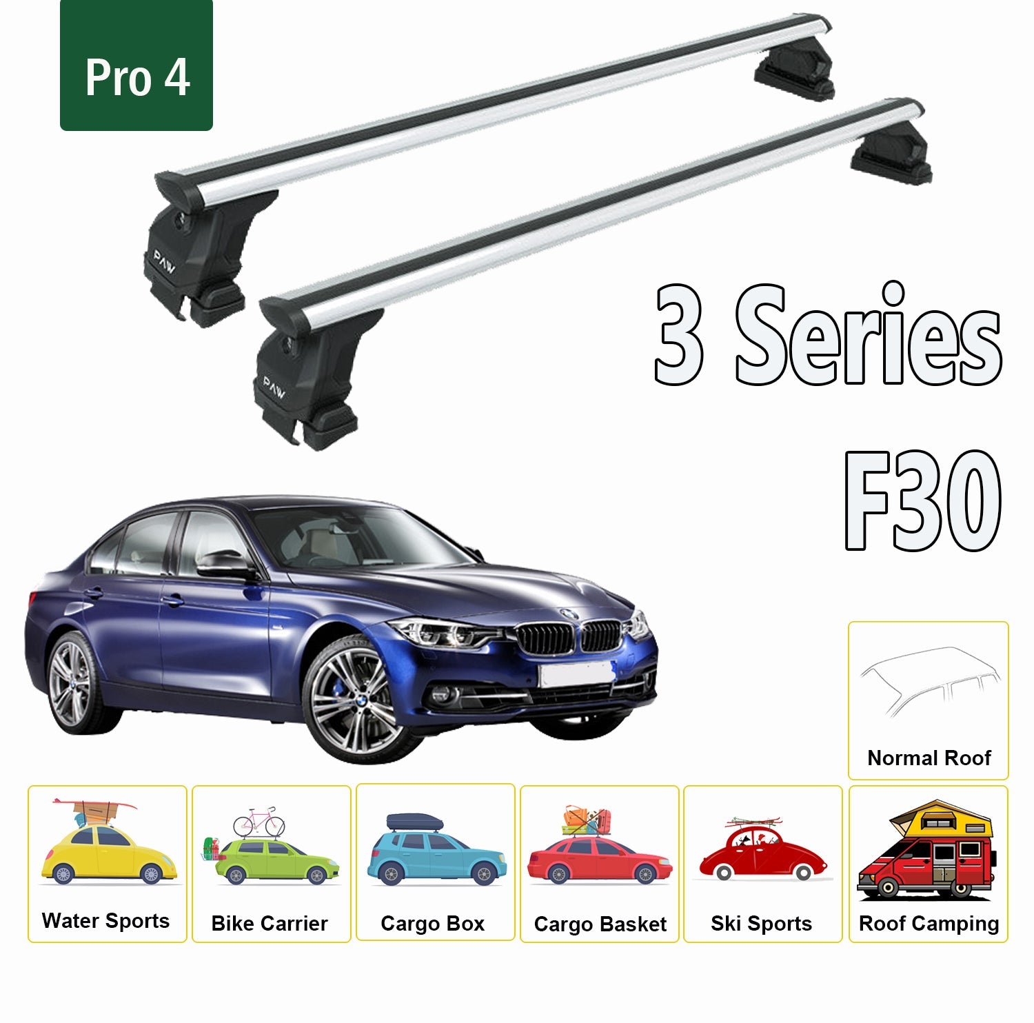 For BMW 3 Series F30 2012-2019 Roof Rack System, Aluminium Cross Bar, Metal Bracket, Normal Roof, Silver