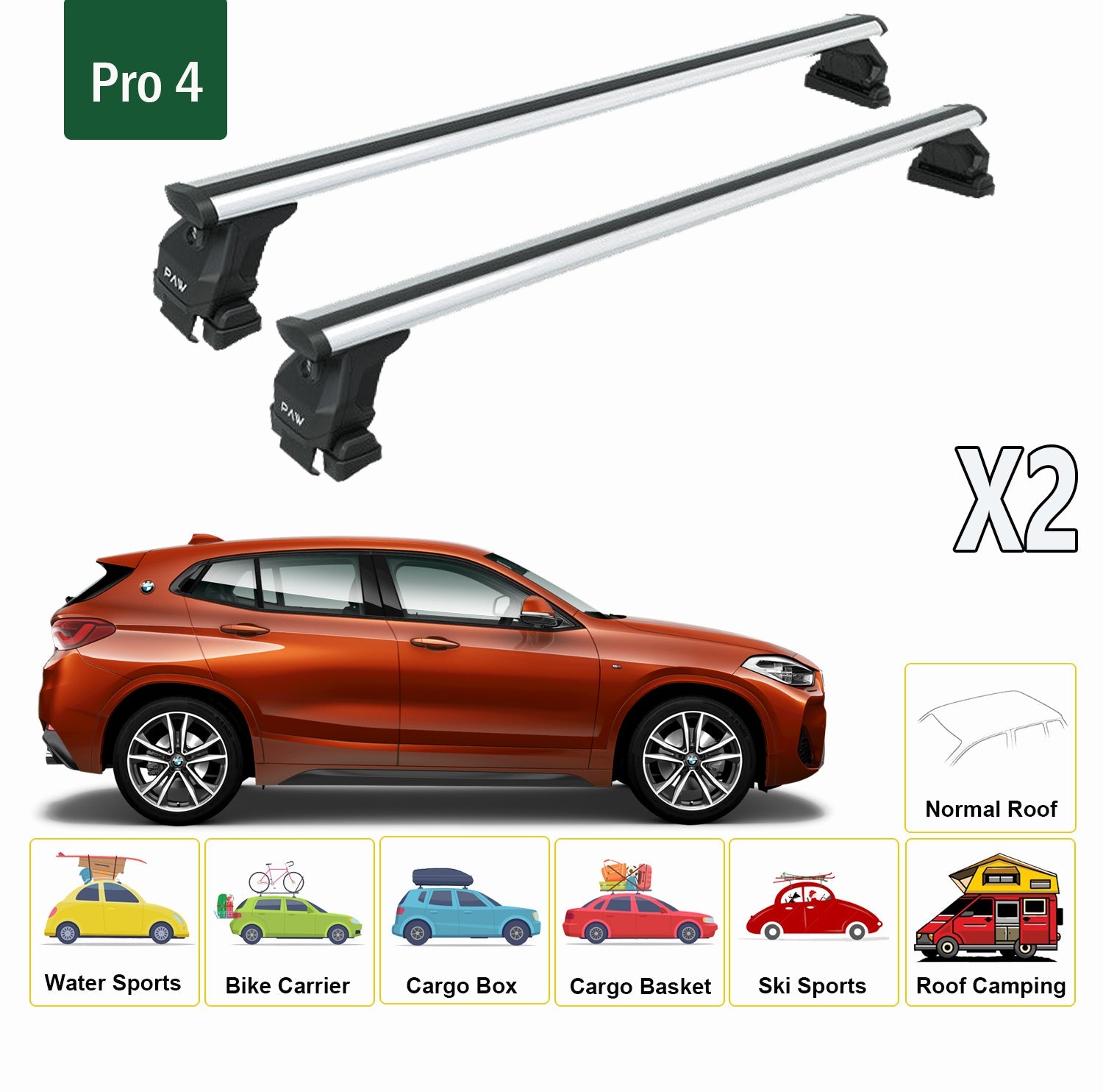 For BMW X2 2018-Up Roof Rack System, Aluminium Cross Bar, Metal Bracket, Normal Roof, Silver