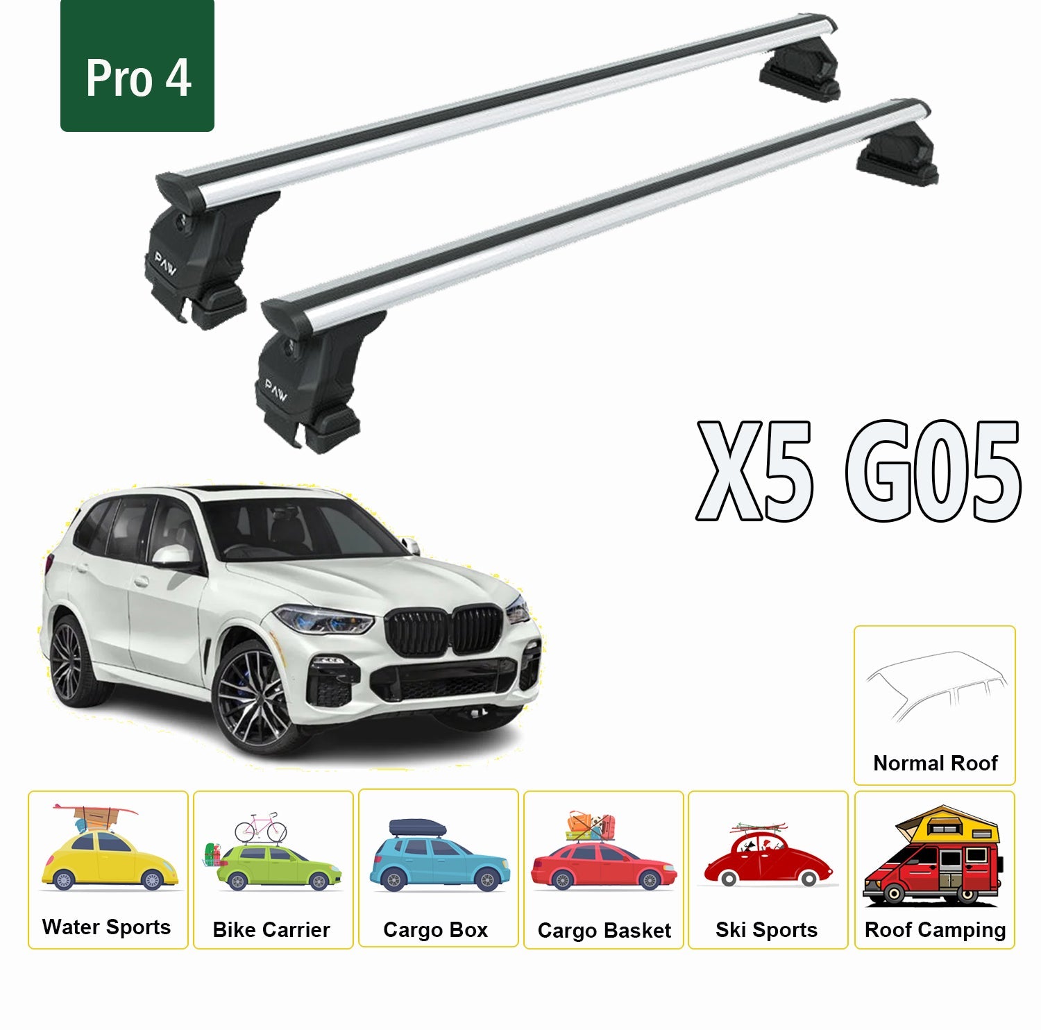 For BMW X5 G05 2018-Up Roof Rack System, Aluminium Cross Bar, Metal Bracket, Normal Roof, Silver