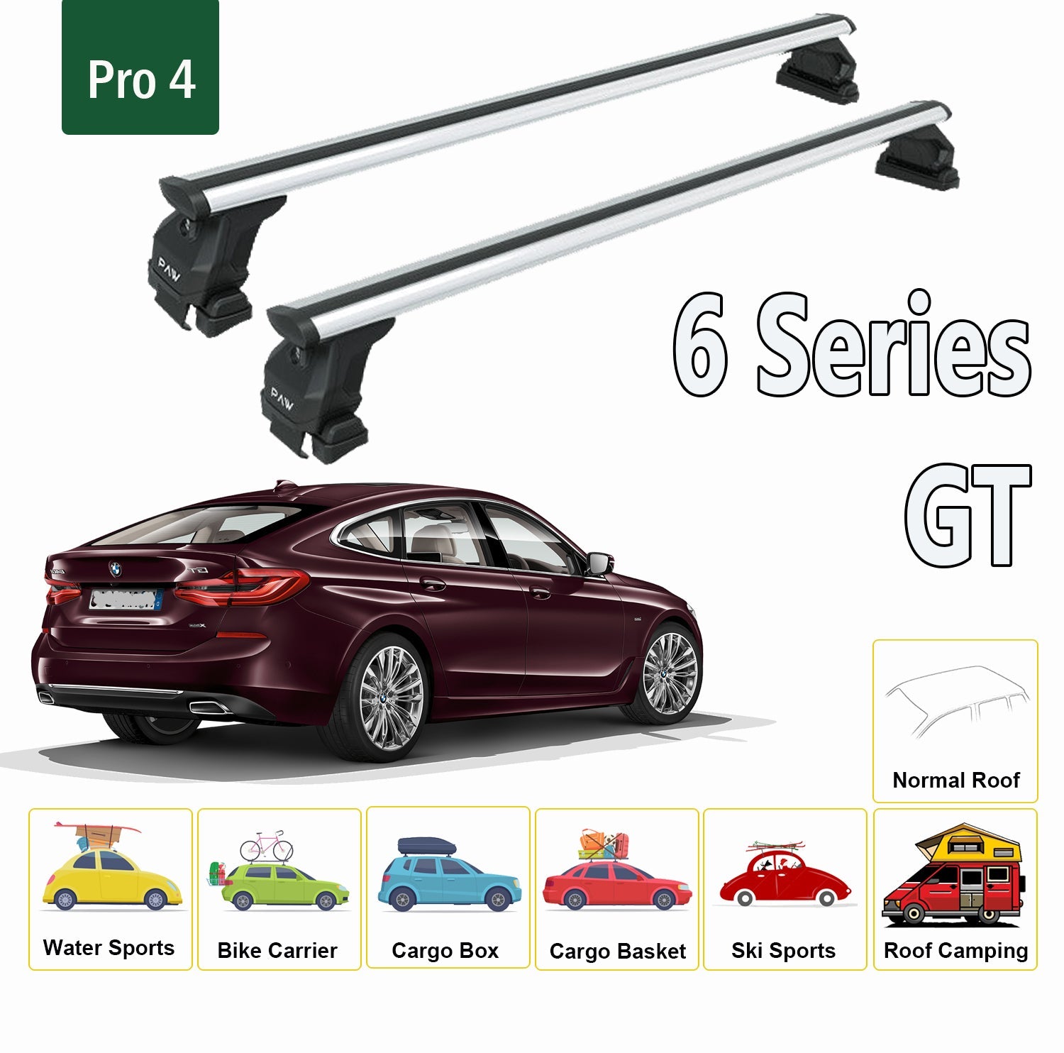 For BMW 6 Series GT 2017-2019 Roof Rack System, Aluminium Cross Bar, Metal Bracket, Normal Roof, Black