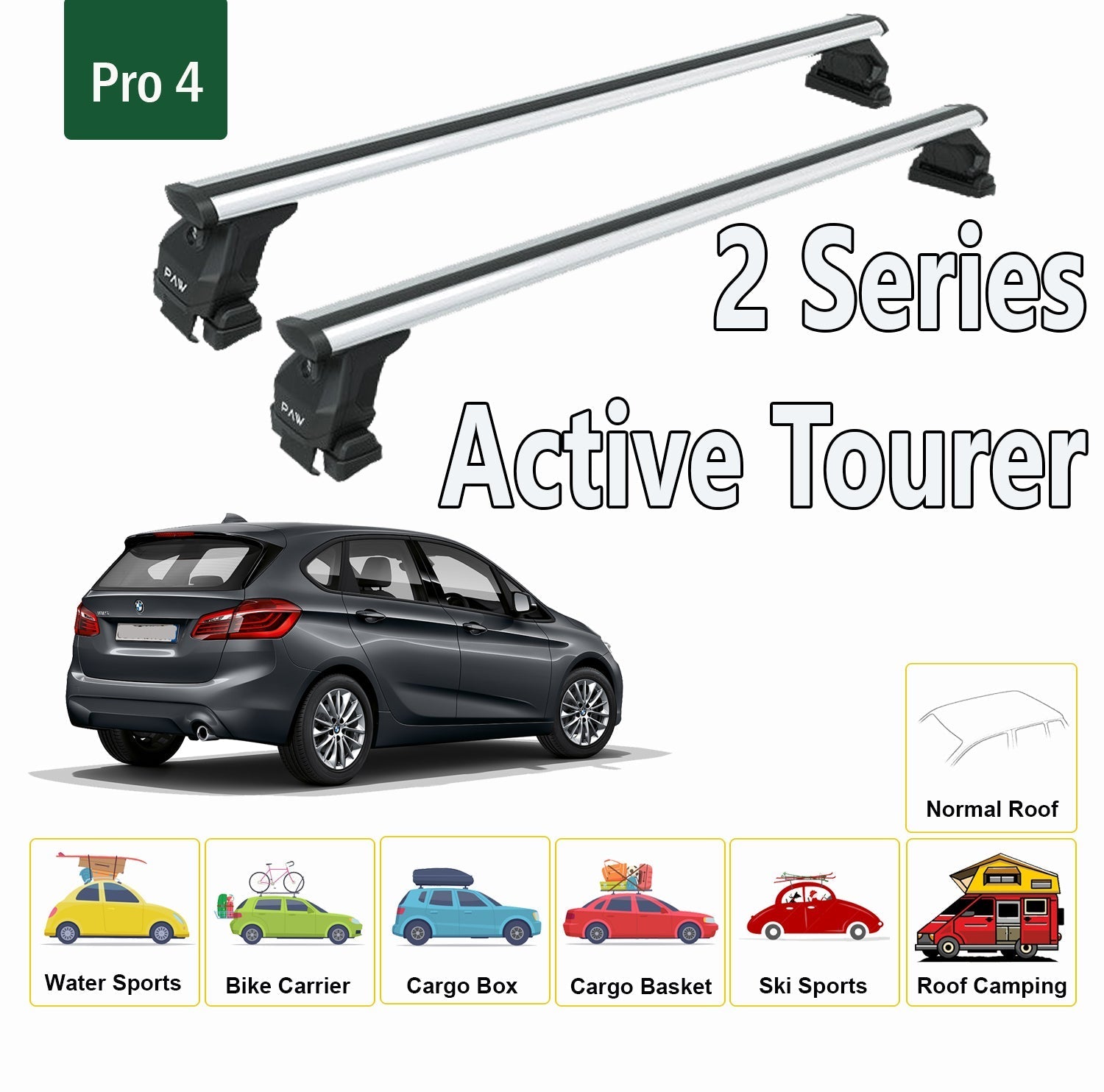 For BMW 2 Series Grand Tourer 2016-Up Roof Rack System, Aluminium Cross Bar, Metal Bracket, Normal Roof, Silver