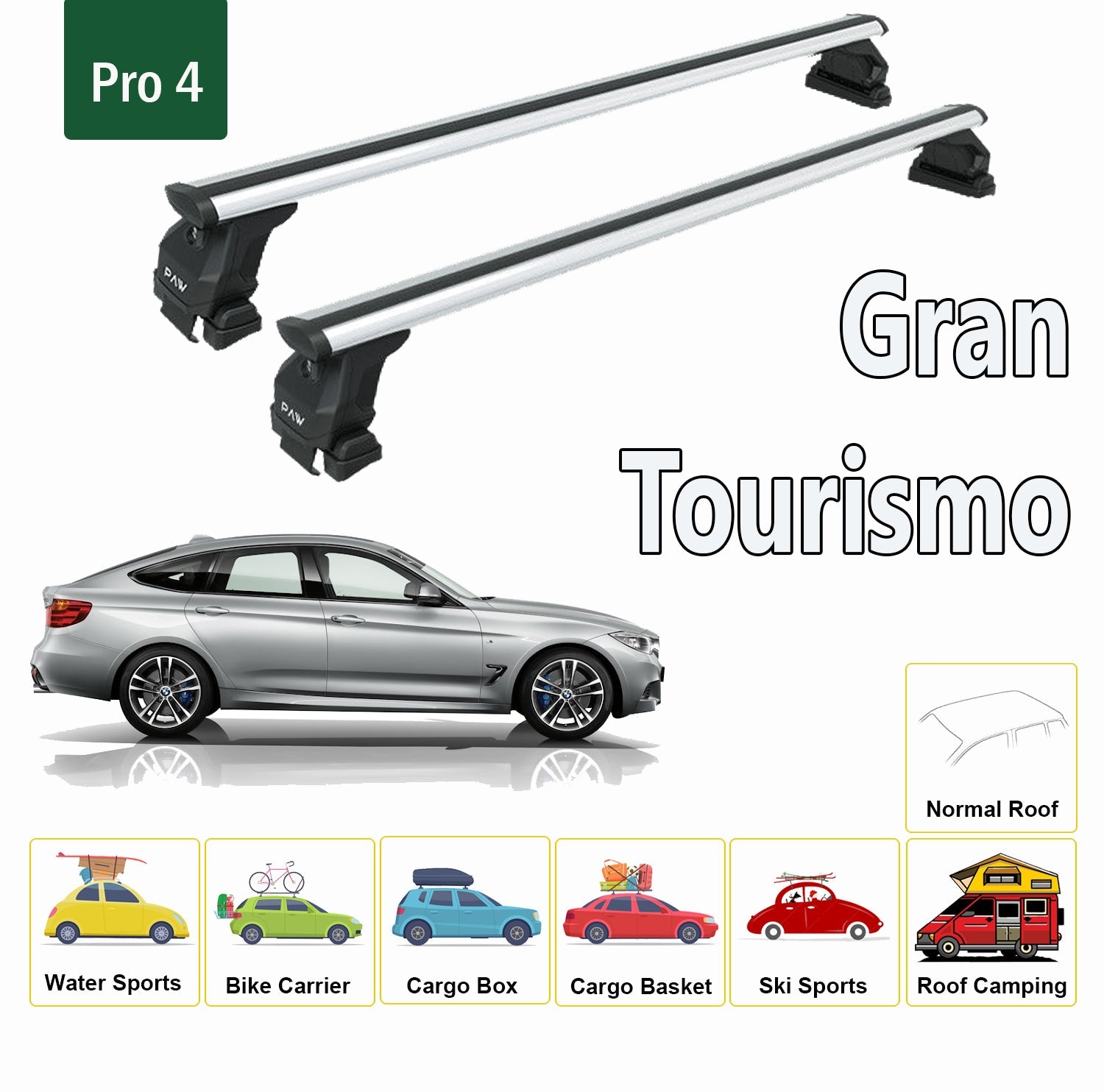 For BMW 3 Series Gran Tourismo 2013-2019 Roof Rack System, Aluminium Cross Bar, Metal Bracket, Normal Roof, Black