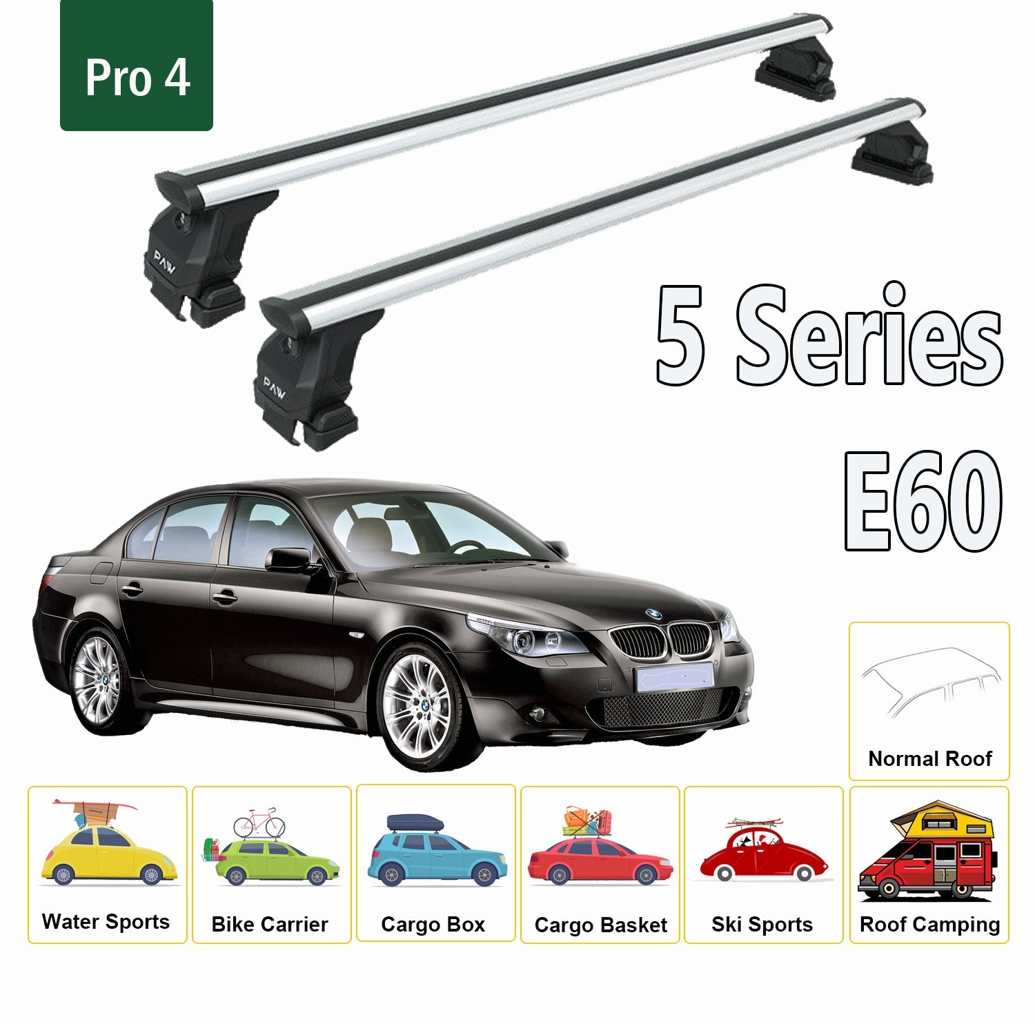 For BMW 5 Series E60 Roof Rack System, Aluminium Cross Bar, Metal Bracket, Normal Roof, Silver 2003-2010