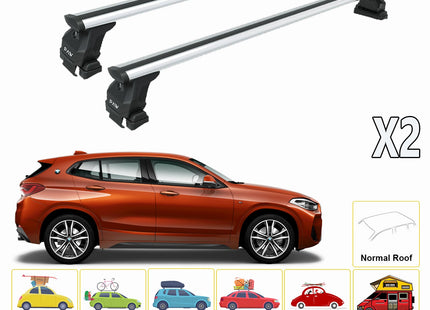 For BMW X2 2018-Up Roof Rack System, Aluminium Cross Bar, Metal Bracket, Normal Roof, Black