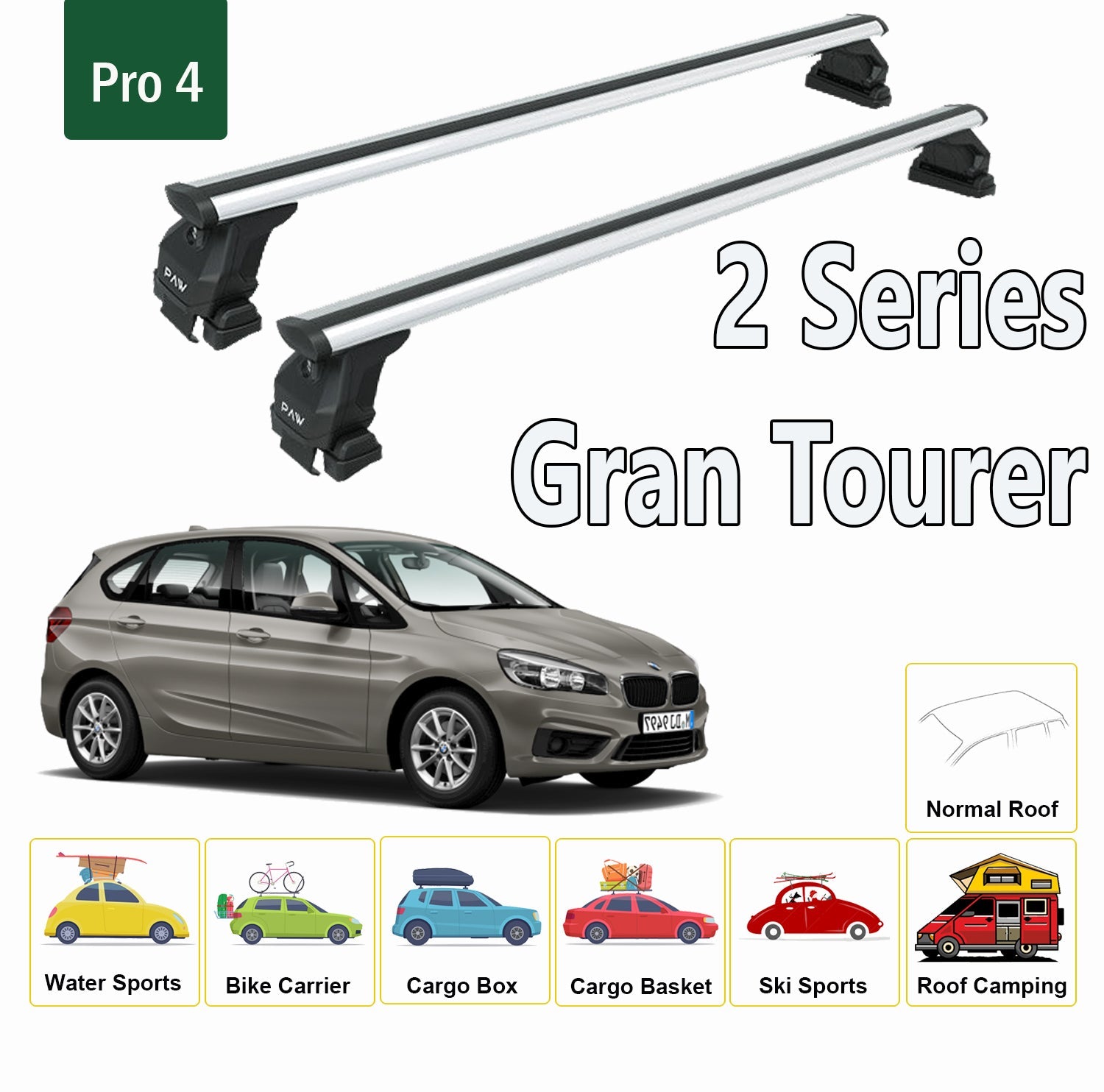 For BMW 2 Series Grand Tourer 2016-Up Roof Rack System, Aluminium Cross Bar, Metal Bracket, Normal Roof, Silver