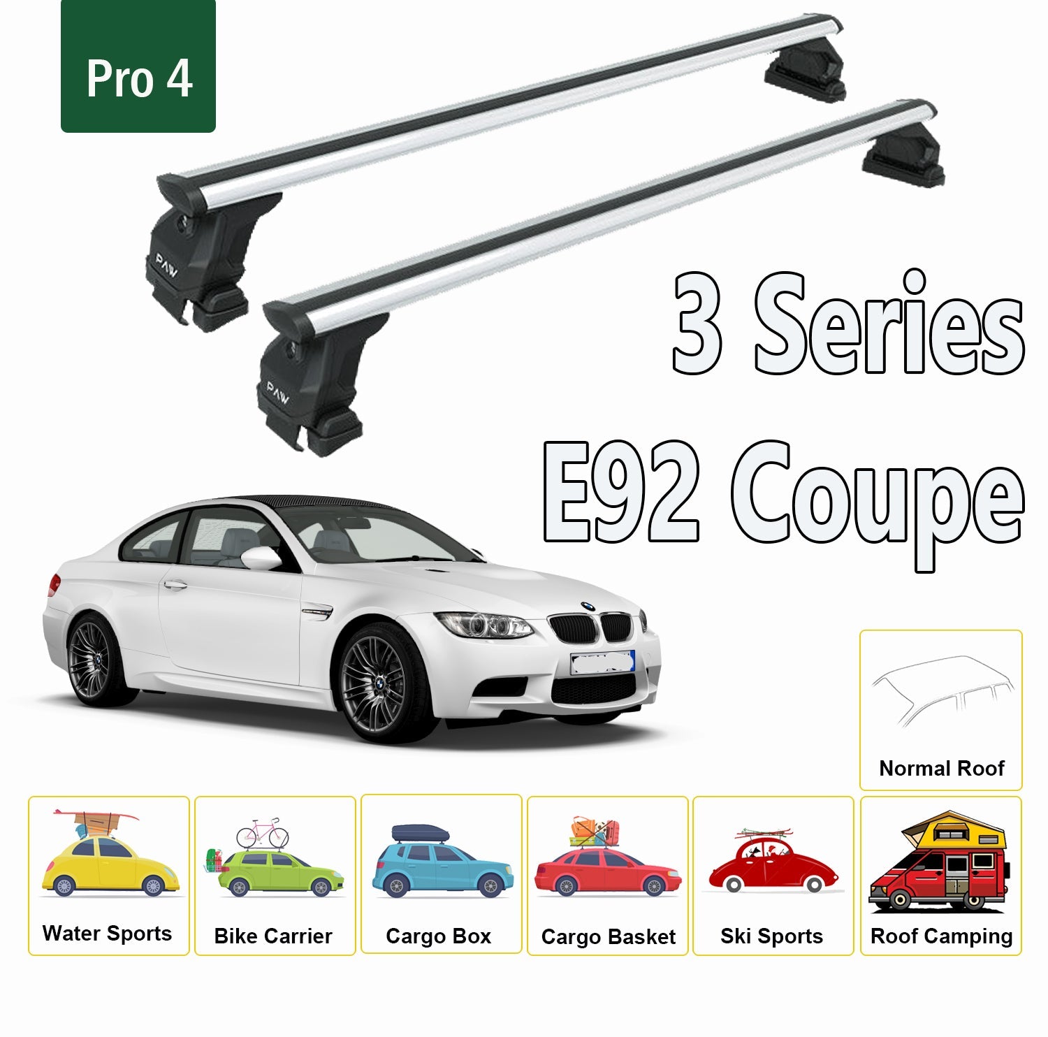 For BMW 3 Series E92 Coupe 2006-2013 Roof Rack System, Aluminium Cross Bar, Metal Bracket, Normal Roof, Silver