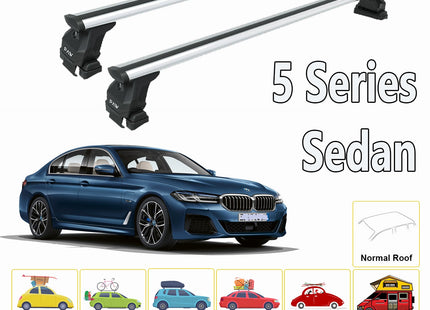 For BMW 5 Series Sedan 2017-Up Roof Rack System, Aluminium Cross Bar, Metal Bracket, Normal Roof, Silver