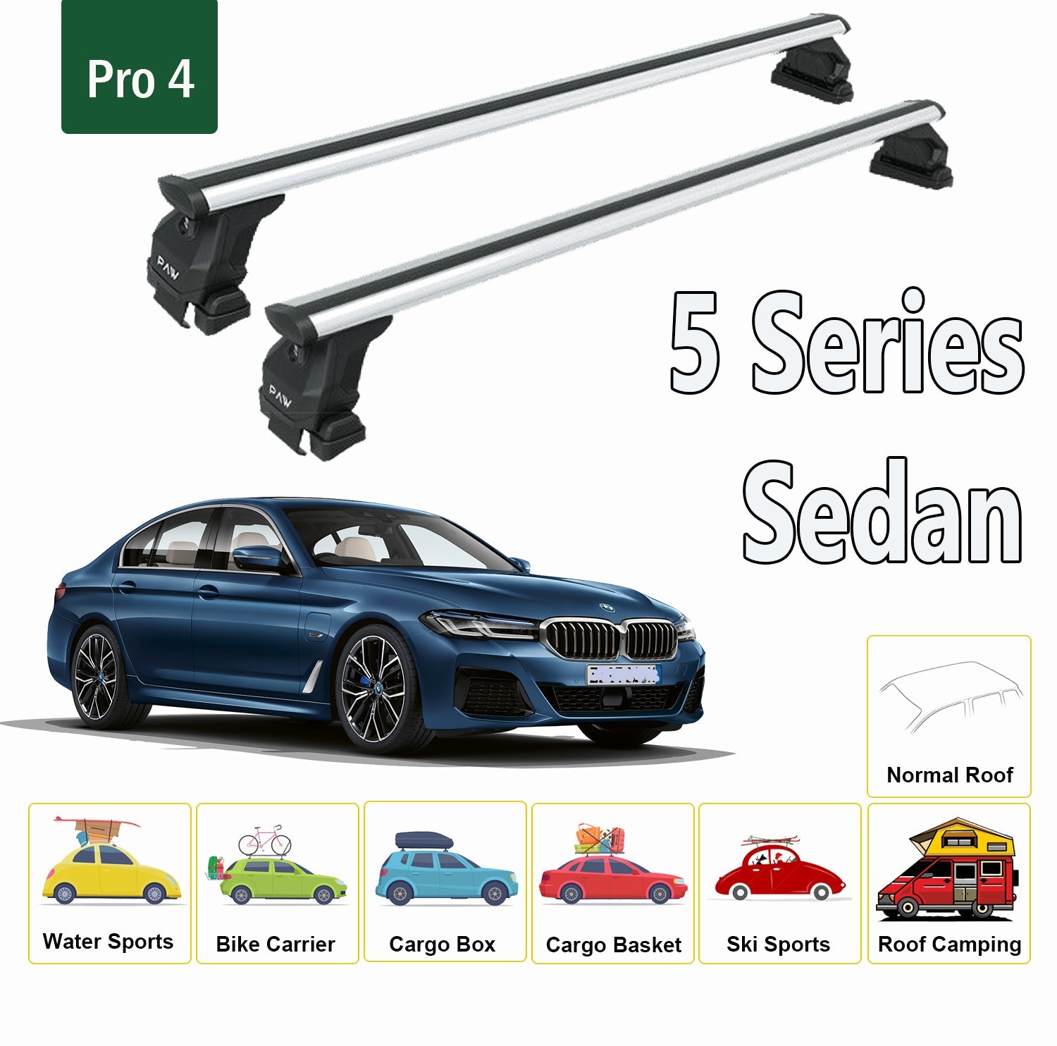 For BMW 5 Series Sedan 2017-Up Roof Rack System, Aluminium Cross Bar, Metal Bracket, Normal Roof, Silver