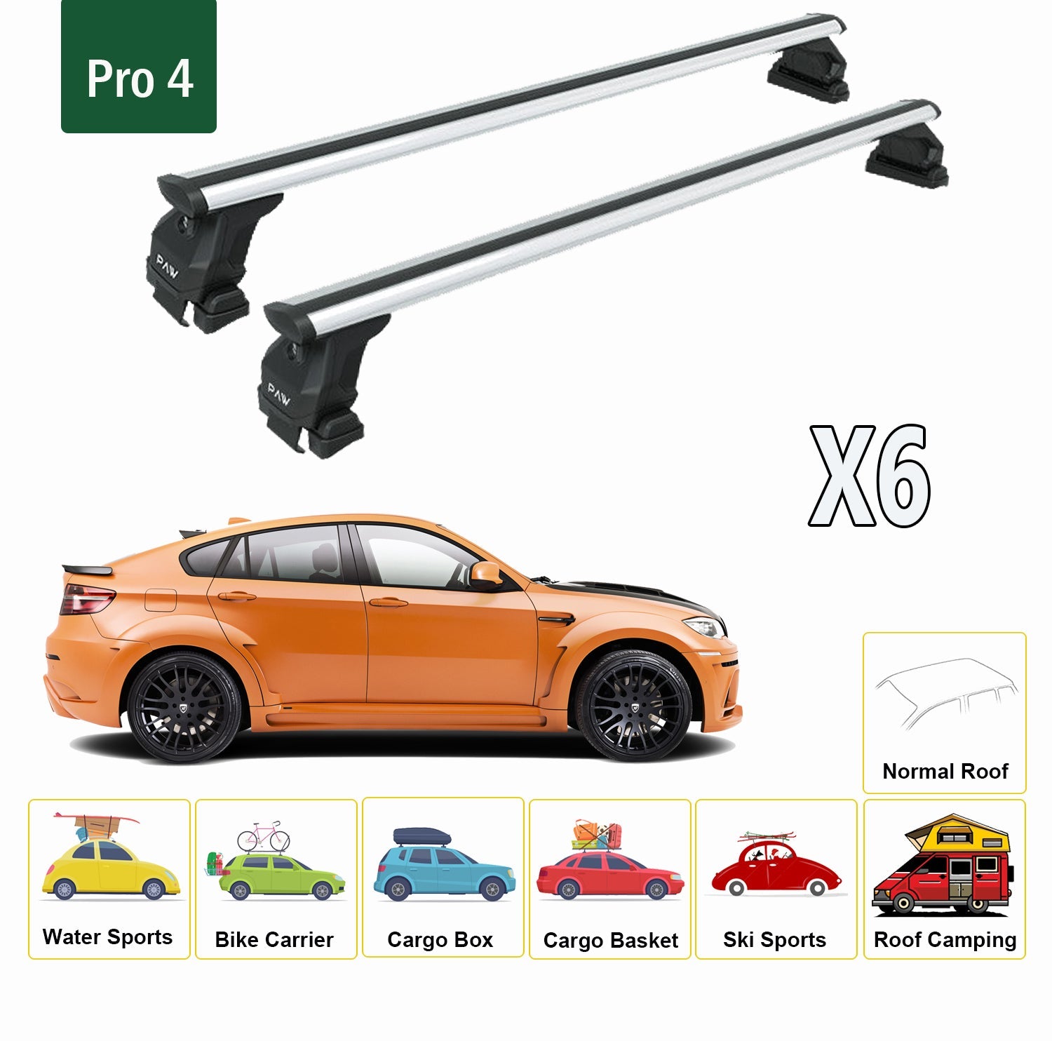 For BMW X6 2008-2014 Roof Rack System, Aluminium Cross Bar, Metal Bracket, Normal Roof, Silver