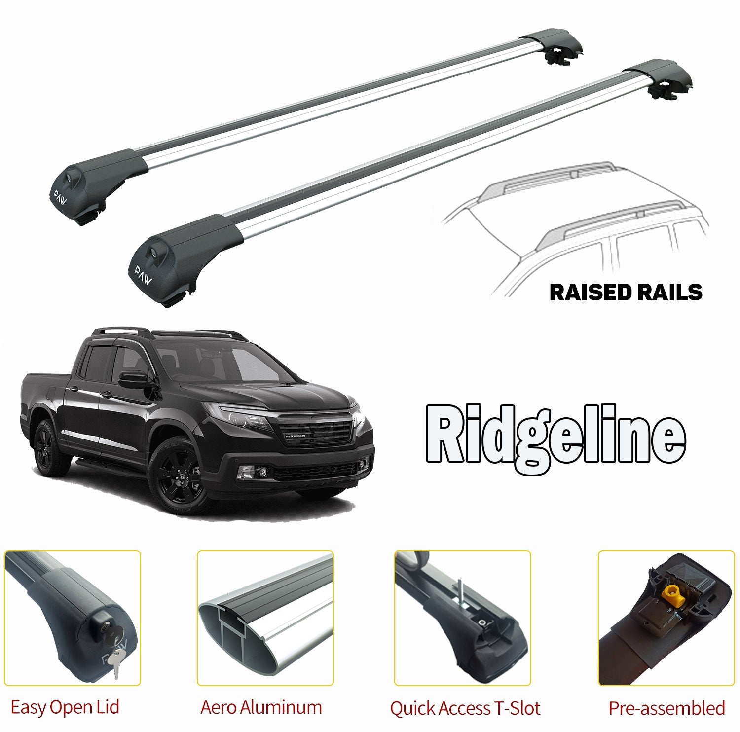 for Honda Ridgeline Raised Rail Roof Rack Cross Bars 2017- Up Color Silver