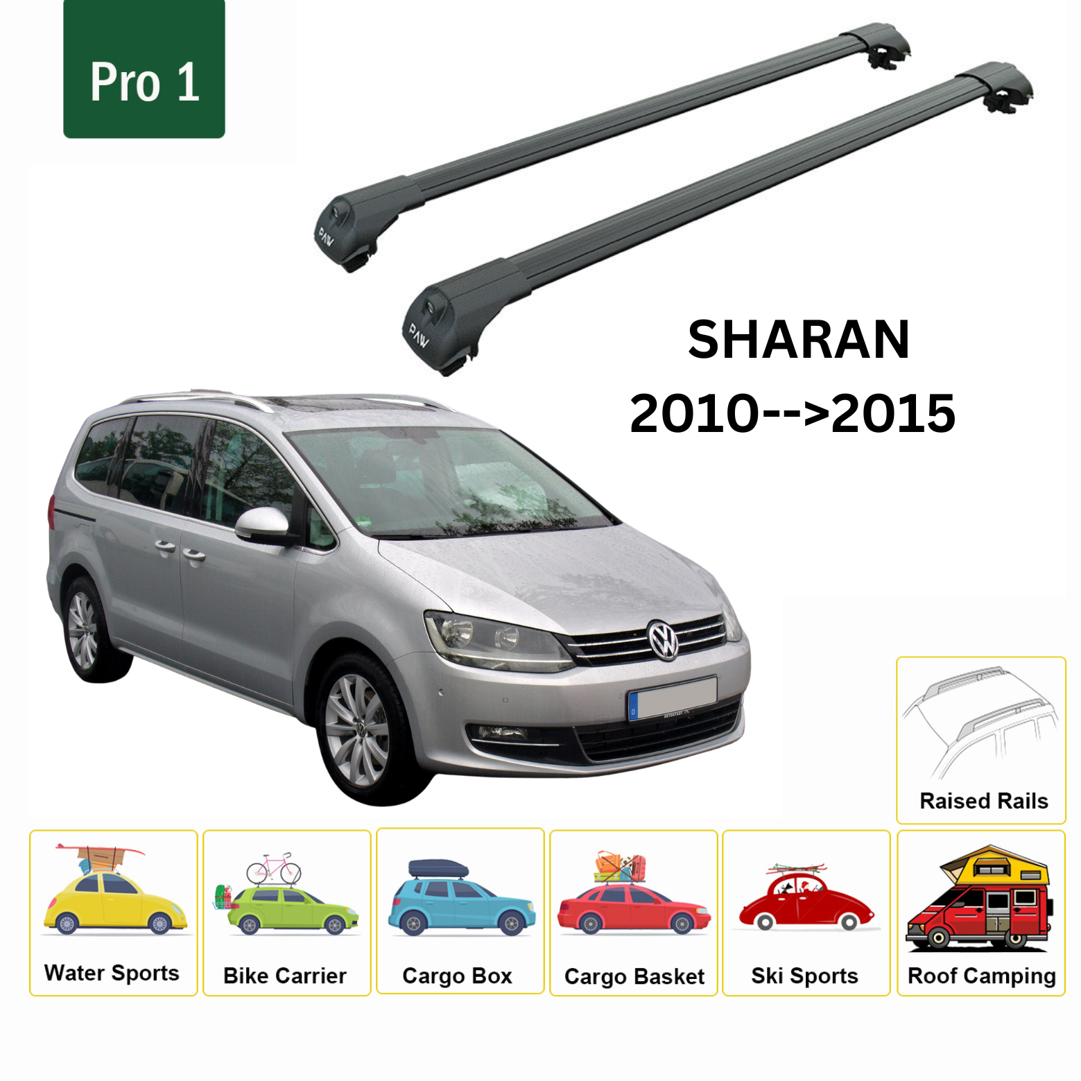 For Volkswagen Sharan 2010-->2015 Roof Rack System, Aluminium Cross Bar, Metal Bracket, Raised Rail, Black