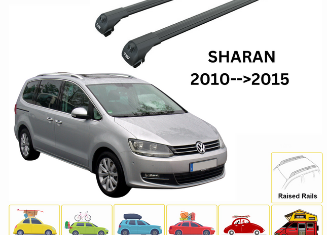 For Volkswagen Sharan 2010-->2015 Roof Rack System, Aluminium Cross Bar, Metal Bracket, Raised Rail, Black