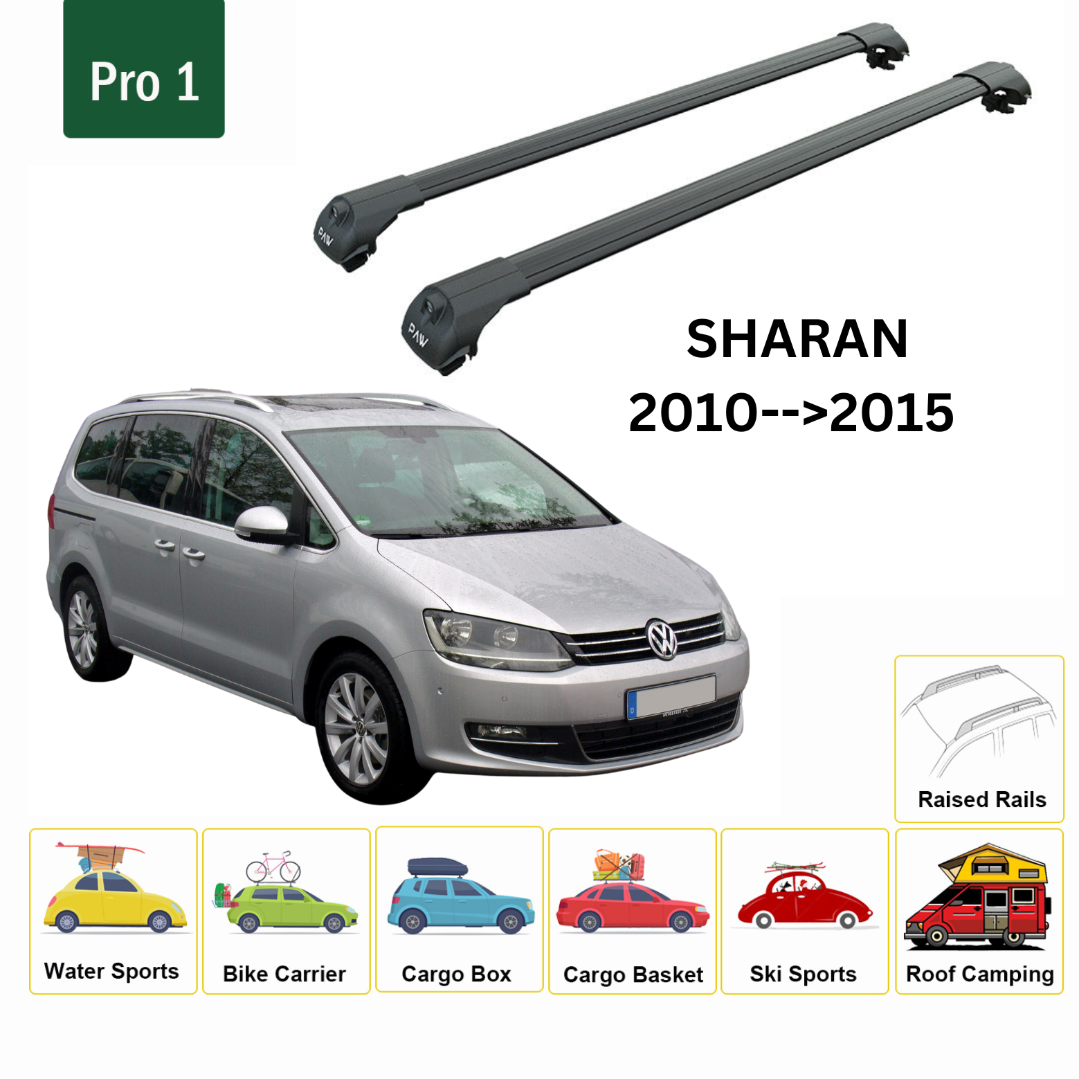 For Volkswagen Sharan 2010-->2015 Roof Rack System, Aluminium Cross Bar, Metal Bracket, Raised Rail, Black - 0