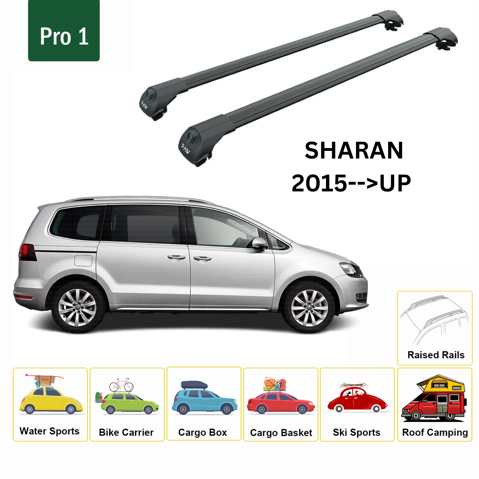 For Volkswagen Sharan 2015--> Roof Rack System, Aluminium Cross Bar, Metal Bracket, Raised Rail, Black