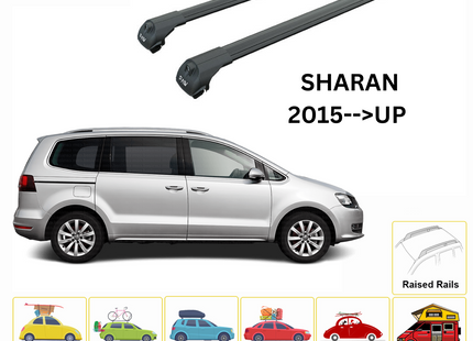 For Volkswagen Sharan 2015--> Roof Rack System, Aluminium Cross Bar, Metal Bracket, Raised Rail, Black