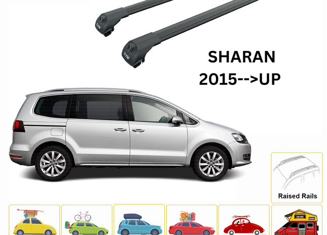 For Volkswagen Sharan 2015--> Roof Rack System, Aluminium Cross Bar, Metal Bracket, Raised Rail, Black