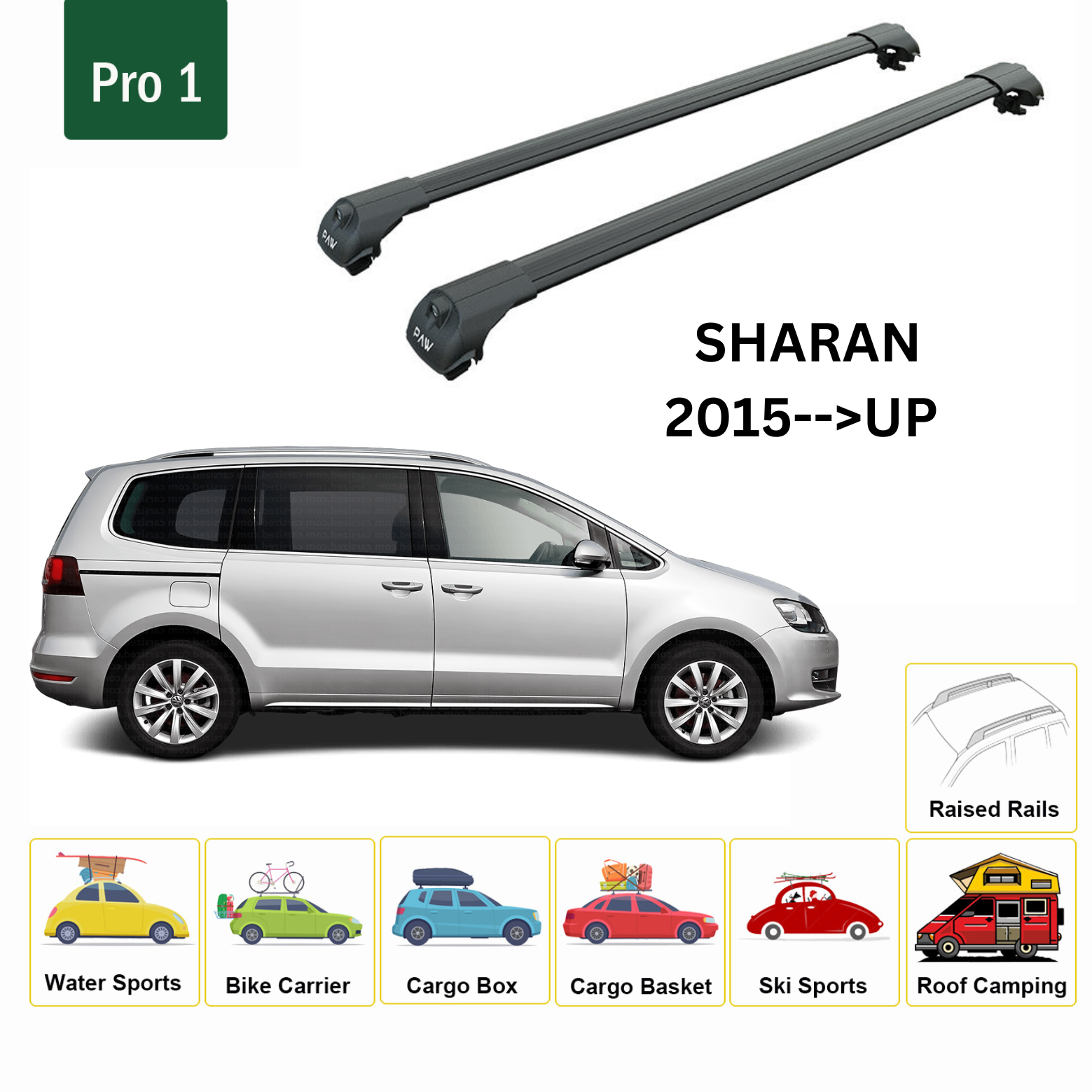 For Volkswagen Sharan 2015--> Roof Rack System, Aluminium Cross Bar, Metal Bracket, Raised Rail, Black - 0