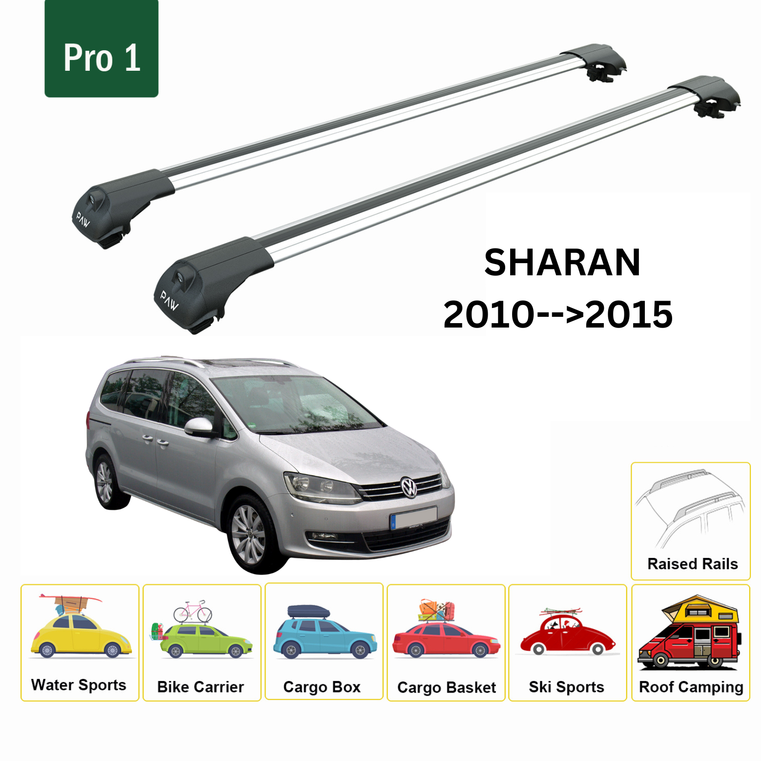 For Volkswagen Sharan 2010-->2015 Roof Rack System, Aluminium Cross Bar, Metal Bracket, Raised Rail, Silver