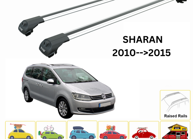 For Volkswagen Sharan 2010-->2015 Roof Rack System, Aluminium Cross Bar, Metal Bracket, Raised Rail, Silver