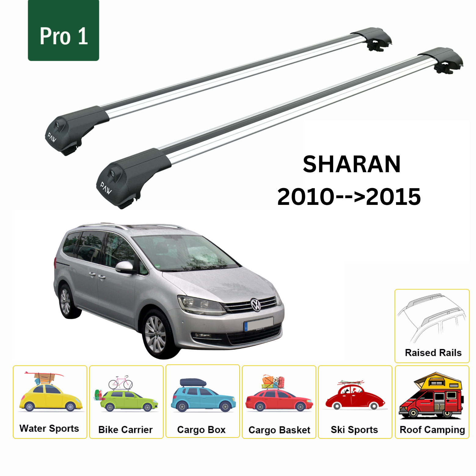 For Volkswagen Sharan 2010-->2015 Roof Rack System, Aluminium Cross Bar, Metal Bracket, Raised Rail, Silver - 0