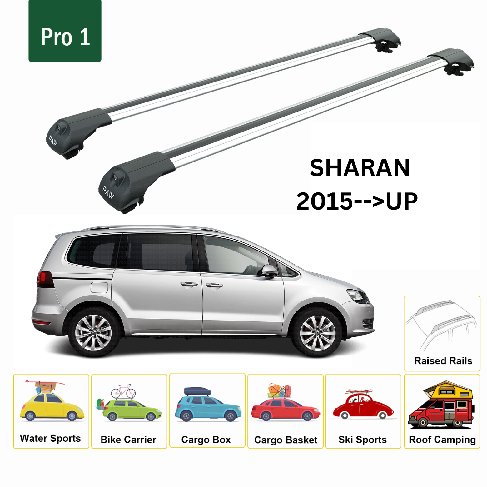 For Volkswagen Sharan 2015--> Roof Rack System, Aluminium Cross Bar, Metal Bracket, Raised Rail, Silver