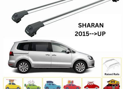 For Volkswagen Sharan 2015--> Roof Rack System, Aluminium Cross Bar, Metal Bracket, Raised Rail, Silver