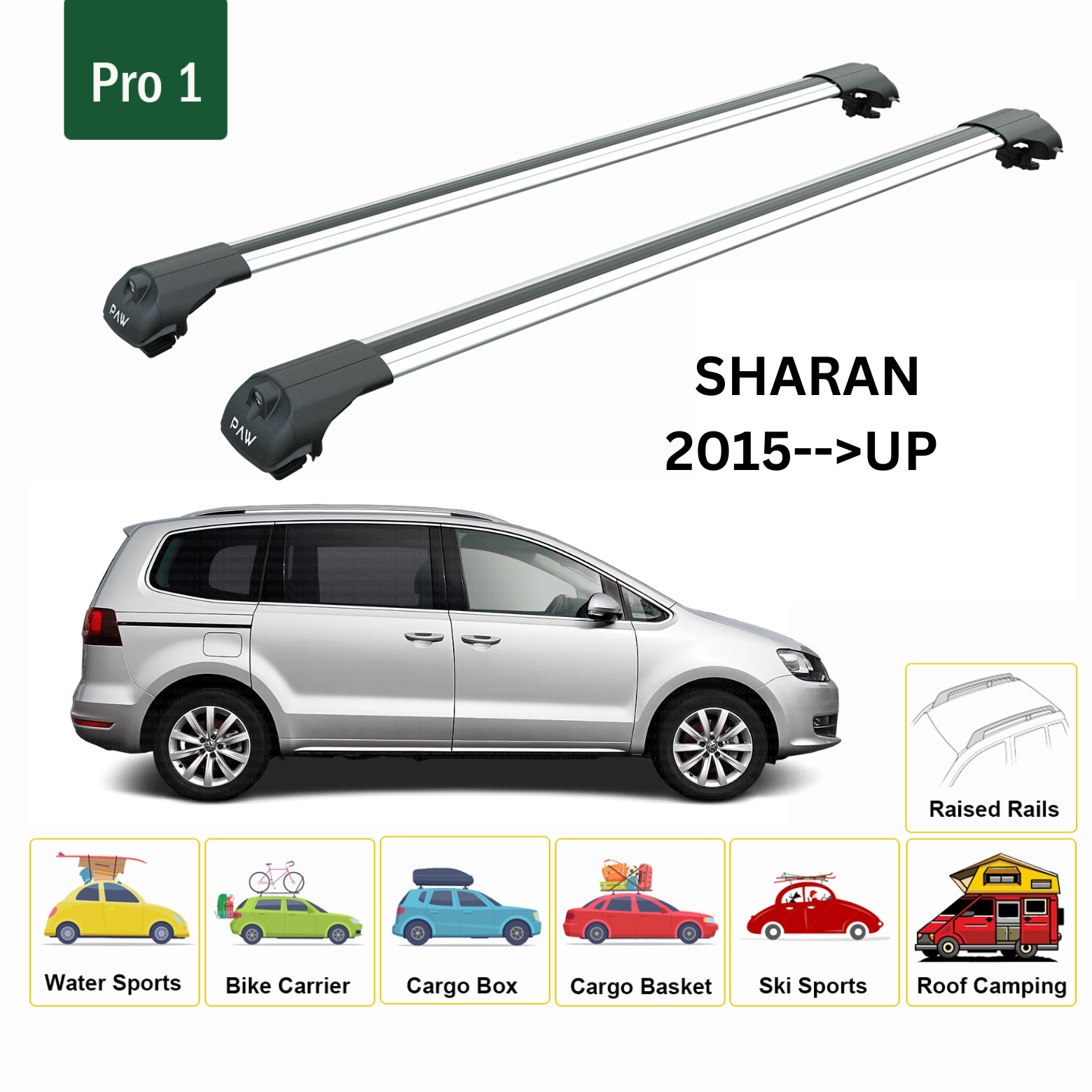 For Volkswagen Sharan 2015--> Roof Rack System, Aluminium Cross Bar, Metal Bracket, Raised Rail, Silver - 0