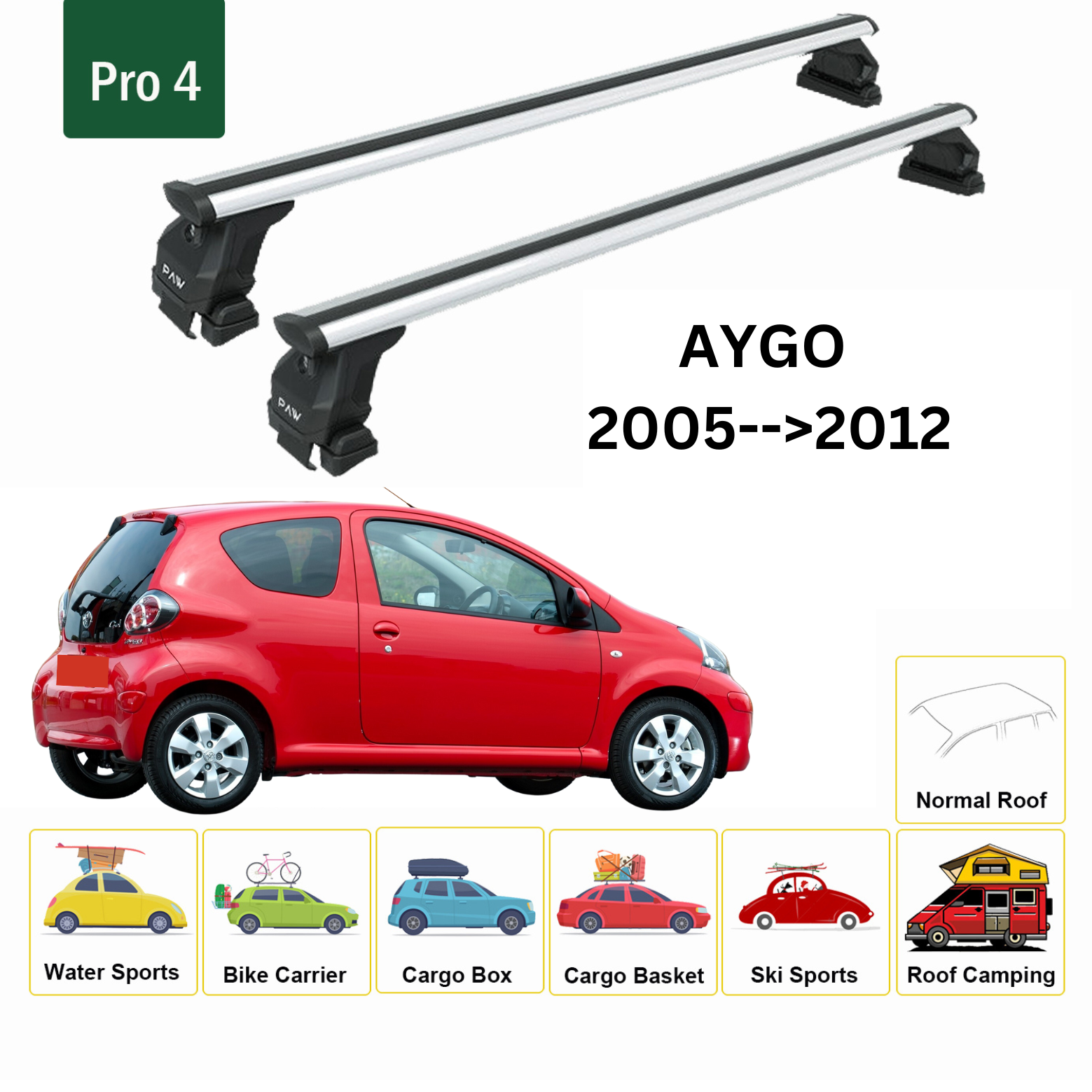 For Toyota Aygo 2005-2012 Roof Rack System, Aluminium Cross Bar, Metal Bracket, Normal Roof, Silver - 0