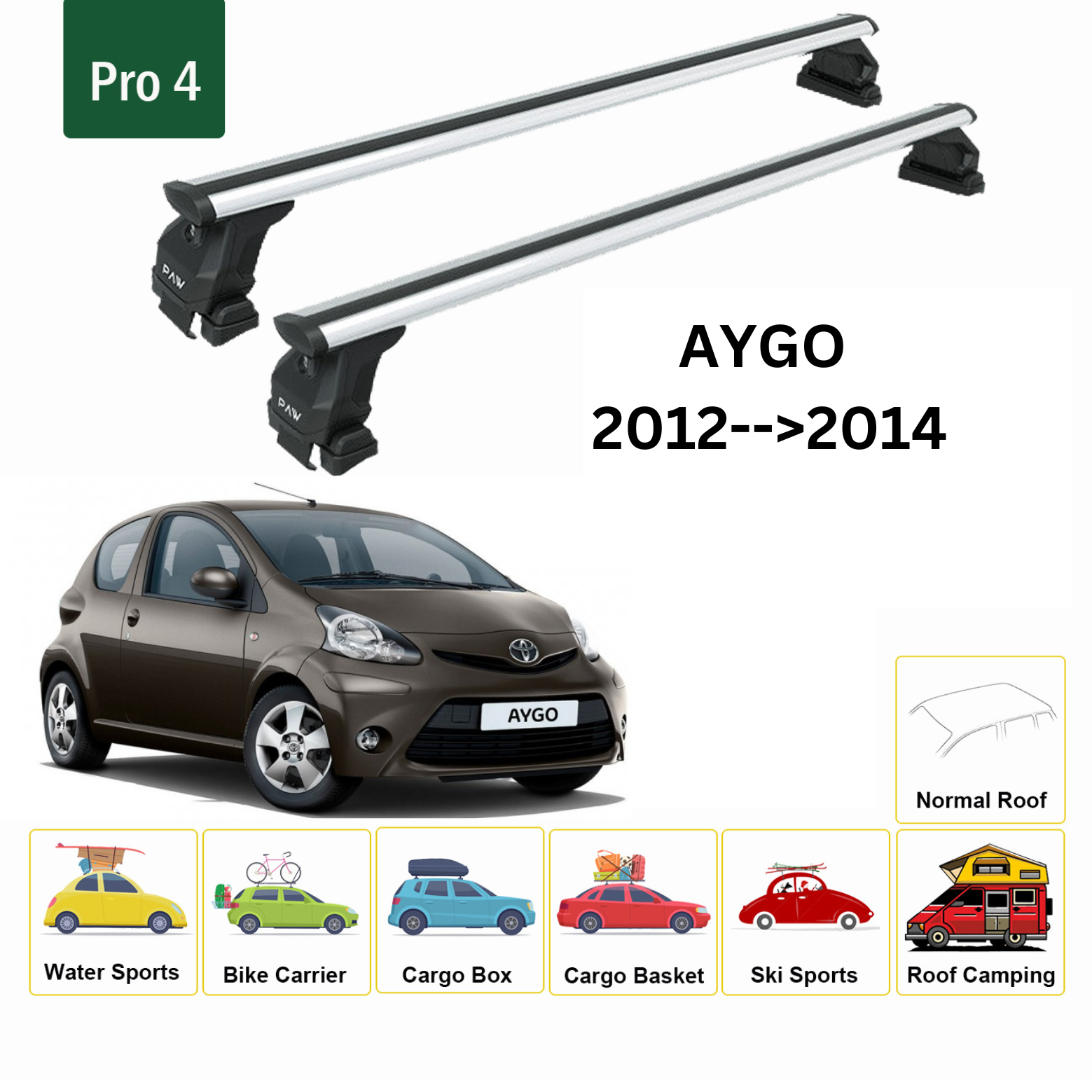 For Toyota Aygo 2012-2014 Roof Rack System, Aluminium Cross Bar, Metal Bracket, Normal Roof, Silver - 0