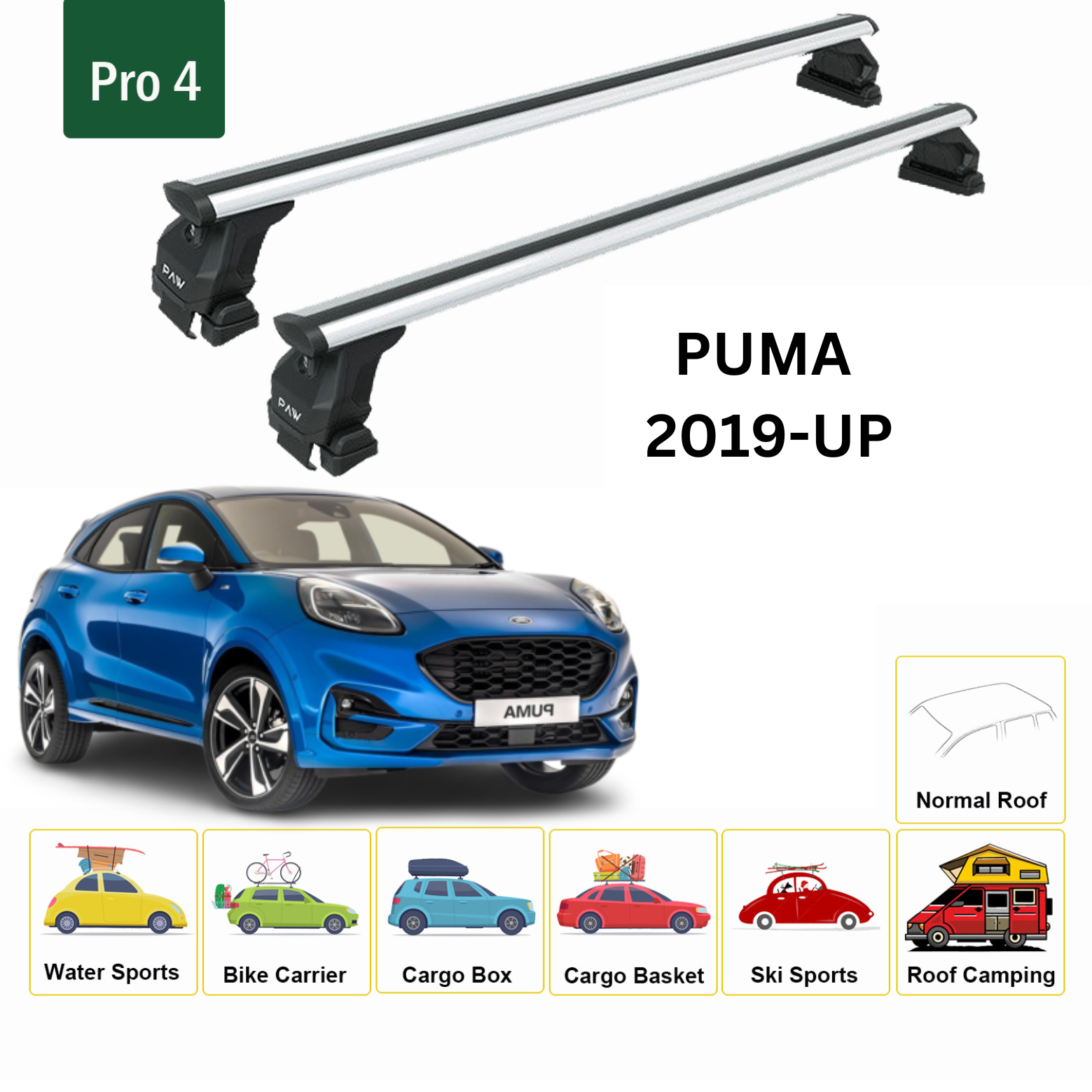 For Ford Puma 2019-Up Roof Rack Cross Bars Metal Bracket Normal Roof Alu Silver