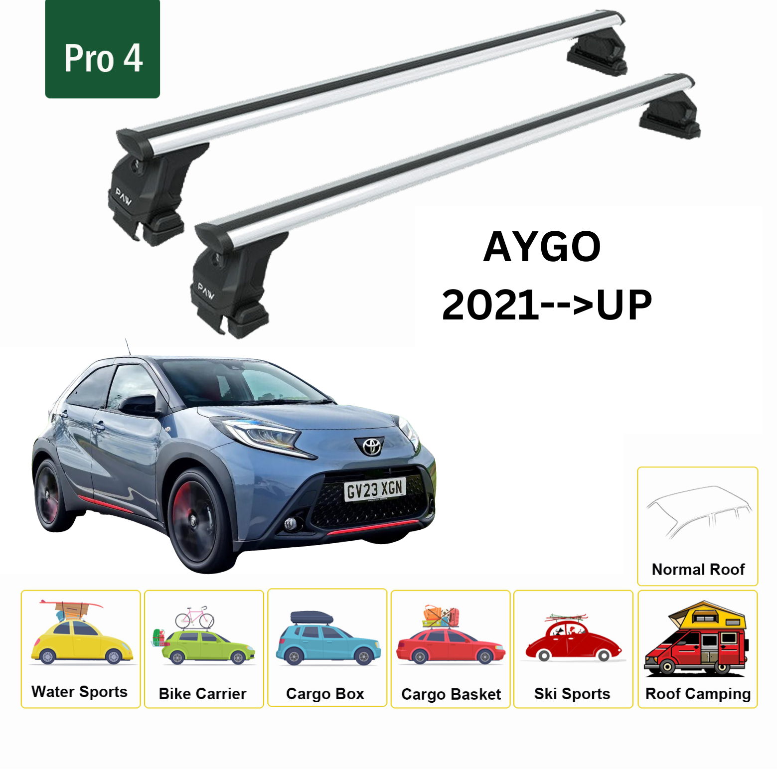 For Toyota Aygo X 2021- Up Roof Rack System, Aluminium Cross Bar, Metal Bracket, Normal Roof, Silver - 0