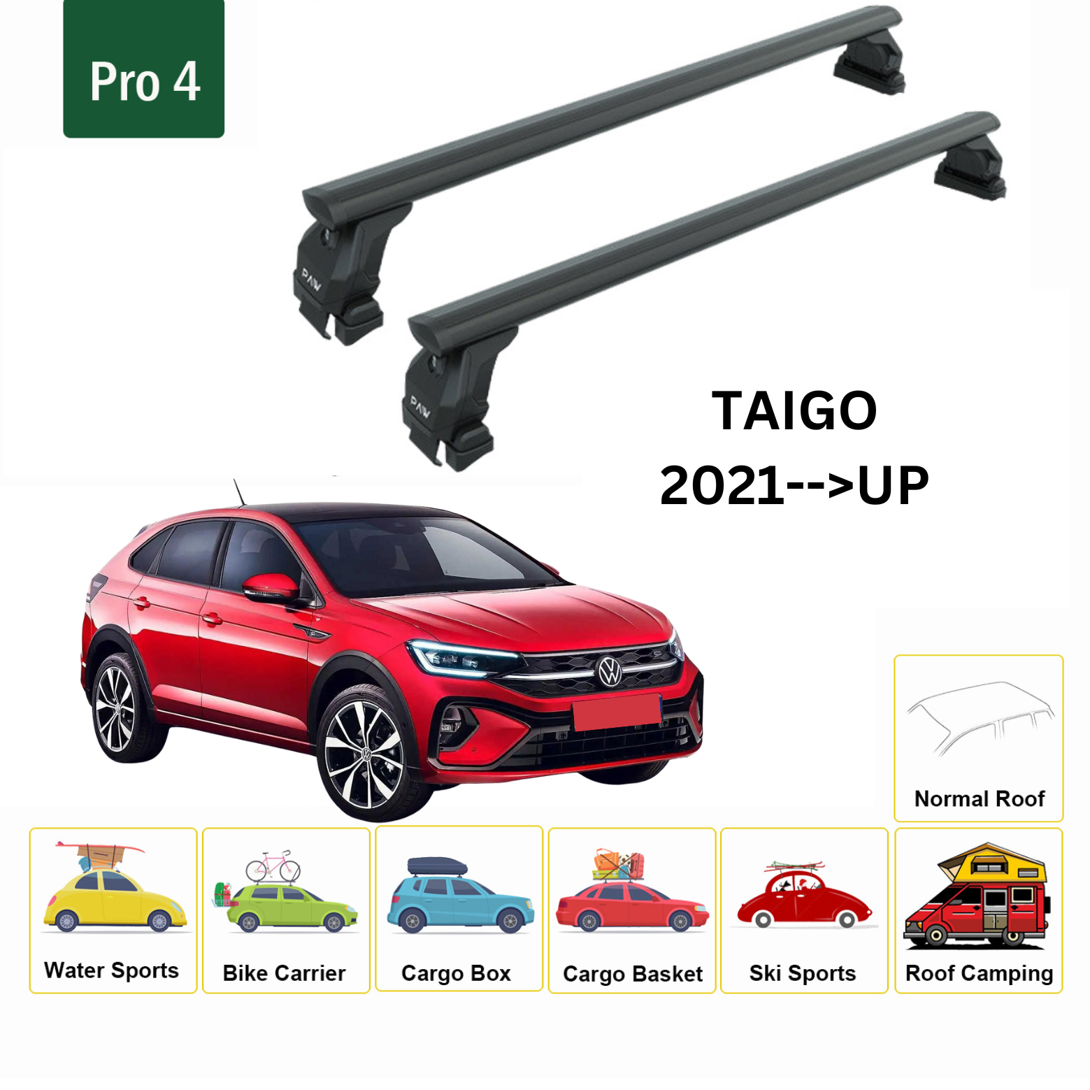 For Volkswagen Taigo 2021--> Roof Rack System, Aluminium Cross Bar, Metal Bracket, Normal Roof, Black