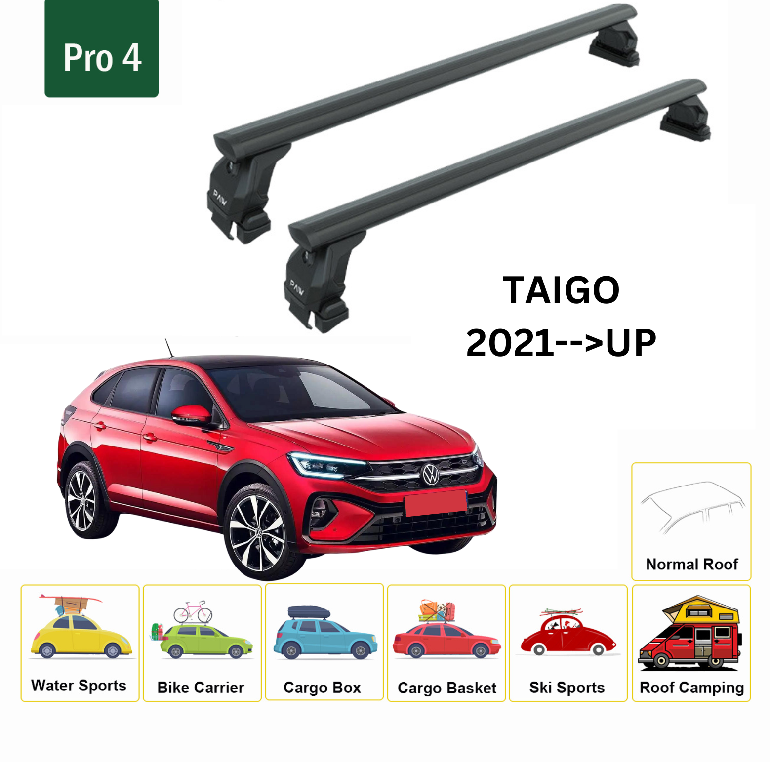 For Volkswagen Taigo 2021--> Roof Rack System, Aluminium Cross Bar, Metal Bracket, Normal Roof, Black - 0