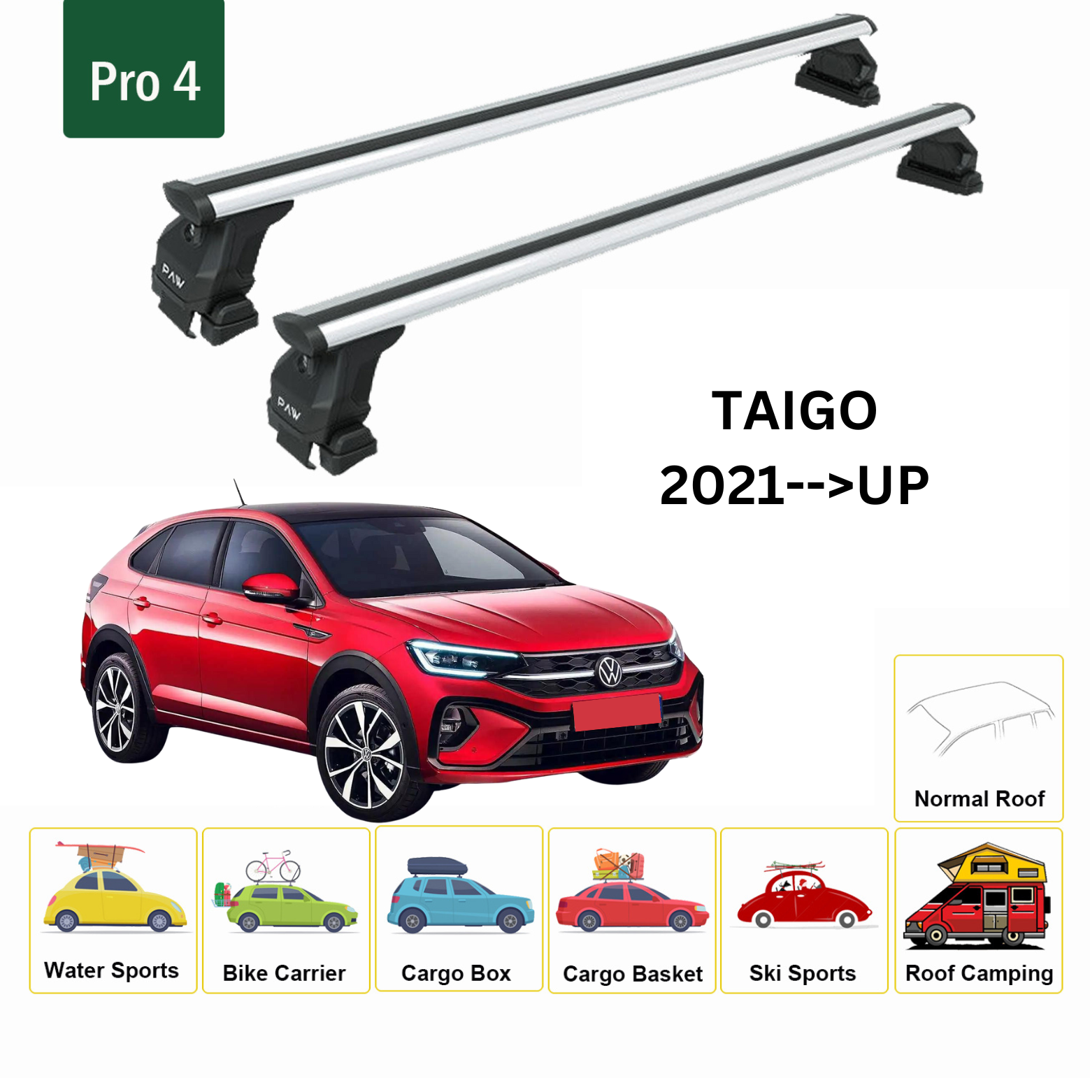 For Volkswagen Taigo 2021--> Roof Rack System, Aluminium Cross Bar, Metal Bracket, Normal Roof, Silver