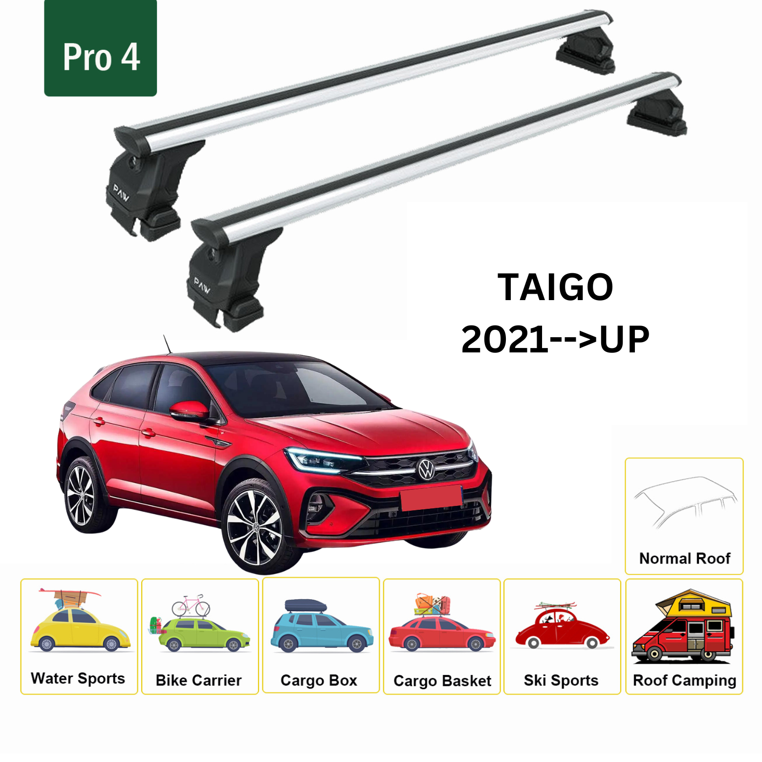 For Volkswagen Taigo 2021--> Roof Rack System, Aluminium Cross Bar, Metal Bracket, Normal Roof, Silver - 0