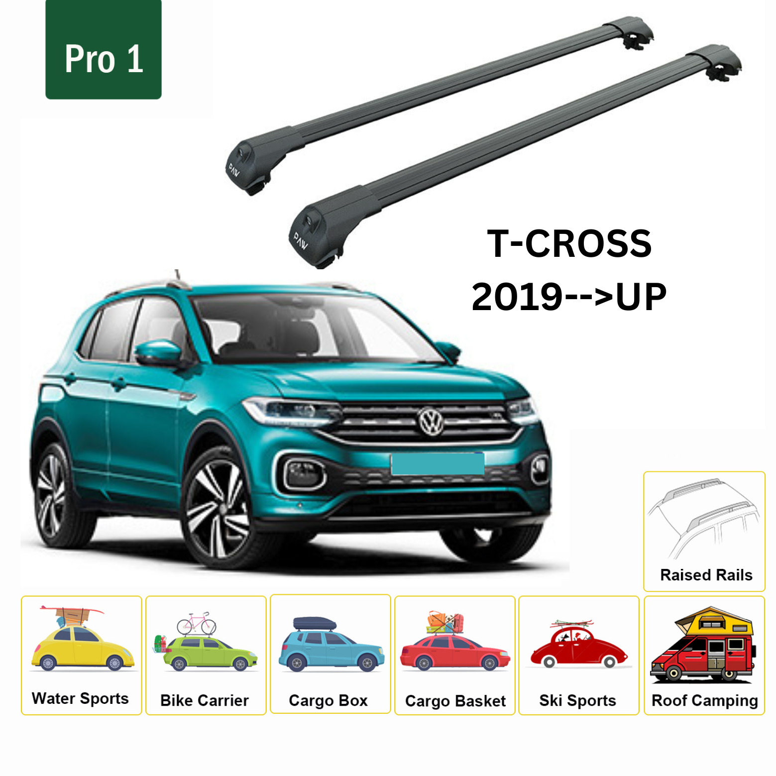 For Volkswagen T-Cross 2019--> Roof Rack System, Aluminium Cross Bar, Metal Bracket,Raised Rail, Silver - 0