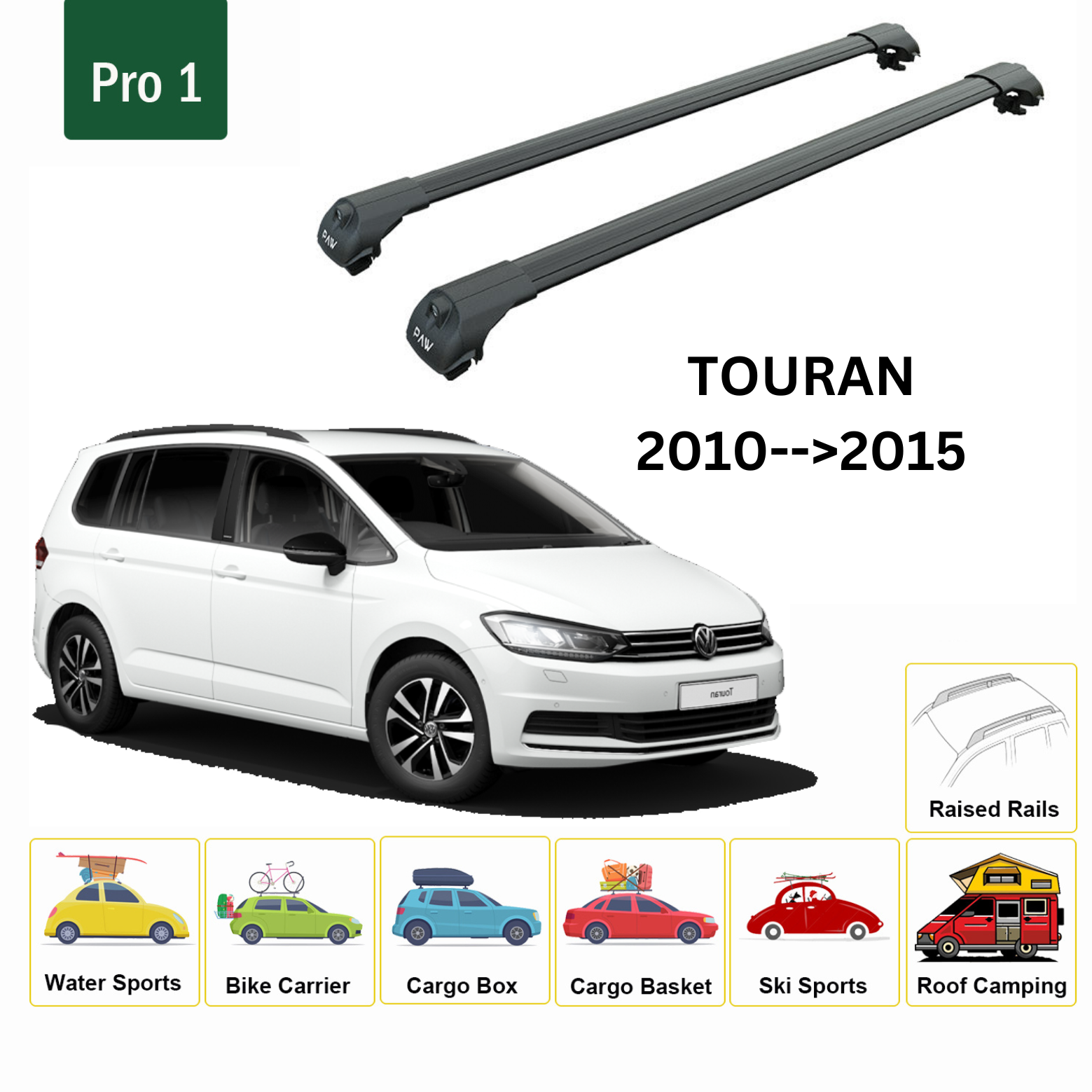 For Volkswagen Touran 2010-->2015 Roof Rack System, Aluminium Cross Bar, Metal Bracket,Raised Rail, Black