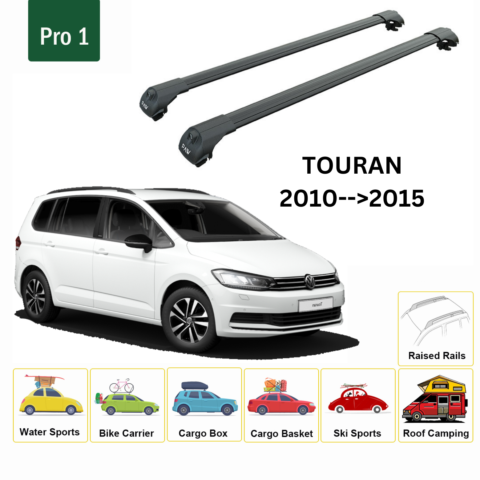 For Volkswagen Touran 2010-->2015 Roof Rack System, Aluminium Cross Bar, Metal Bracket,Raised Rail, Black - 0